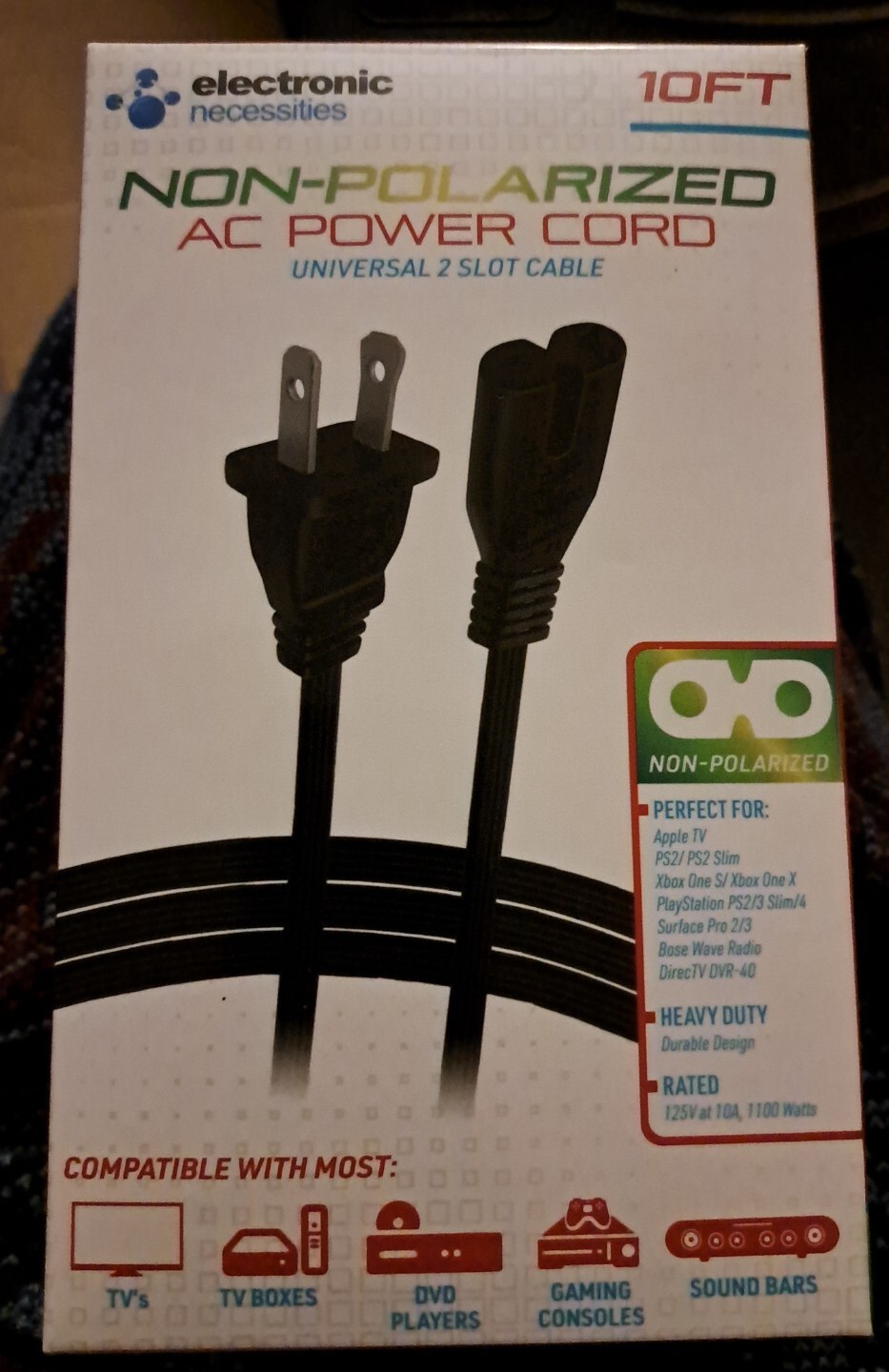 10ft NON- Polarized   AC Power Cord 2 slot Cable  - TV Laptops Soundbar Monitor 