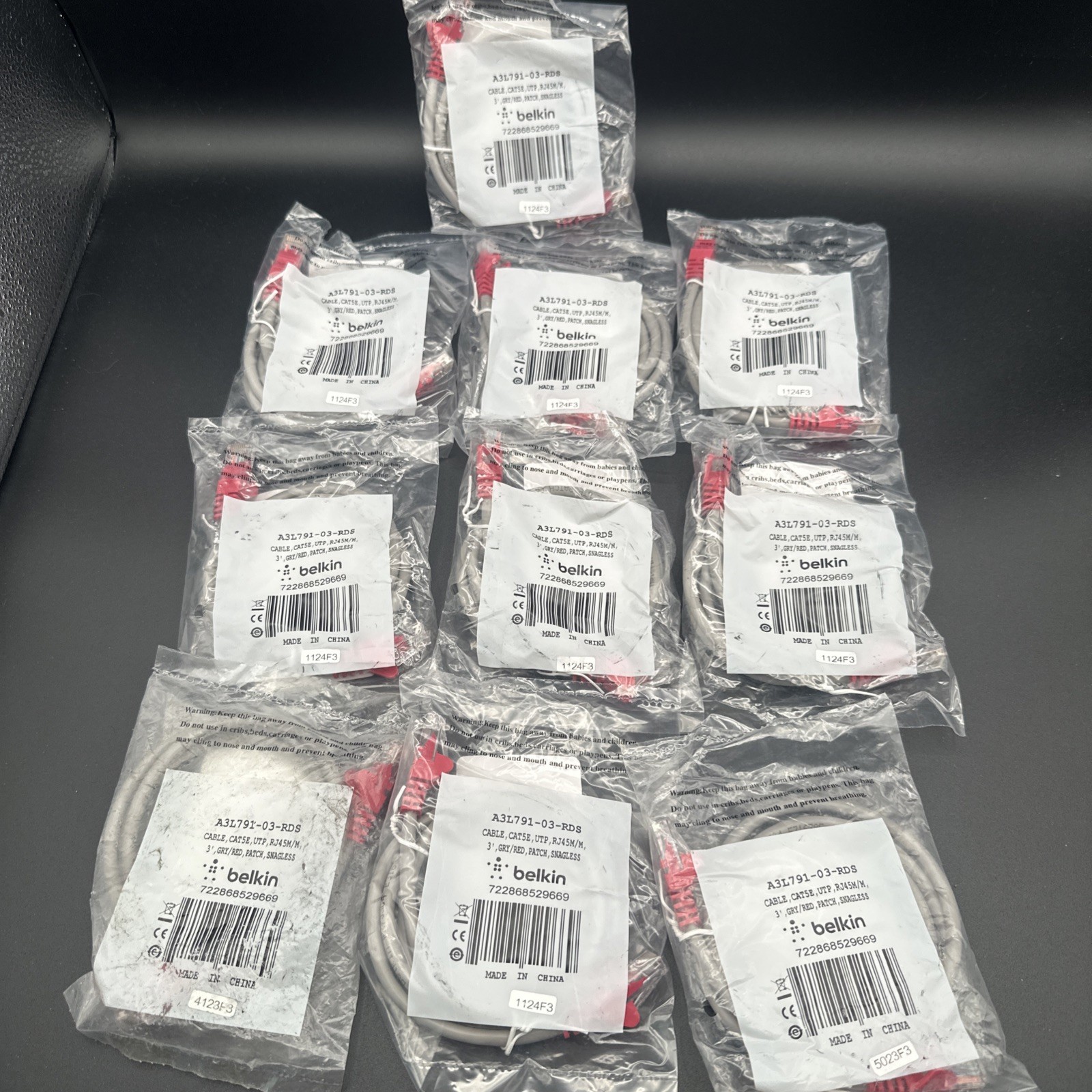 10 X BELKIN INTL INC A3L791-03-RDS Cables Cat5E Utp Rj45M/M 3 Gry/Red Patch