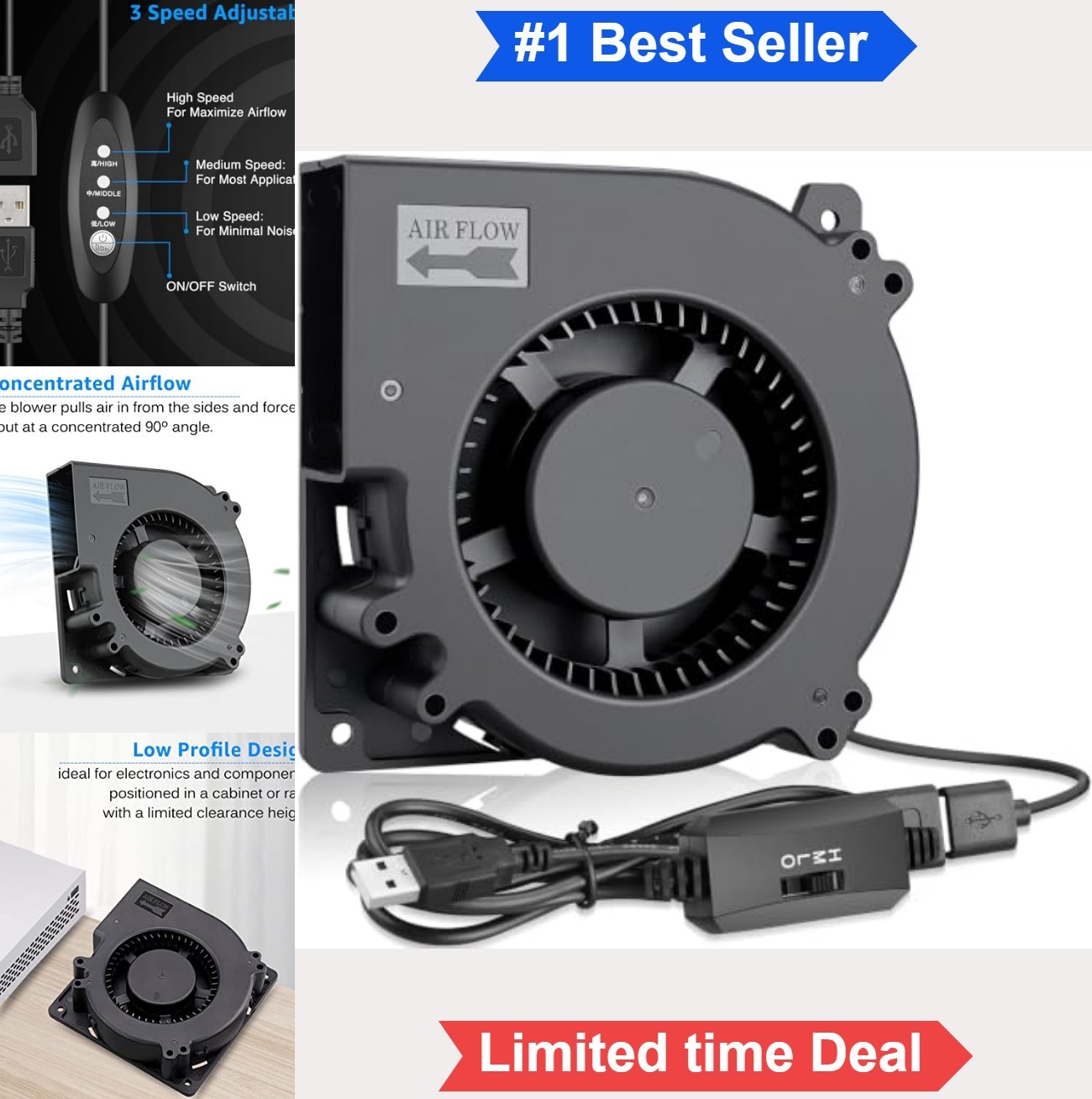 120mm USB Blower Fan 5V DC 3 Speed Control for AV Cabinet Receiver DVR Modem
