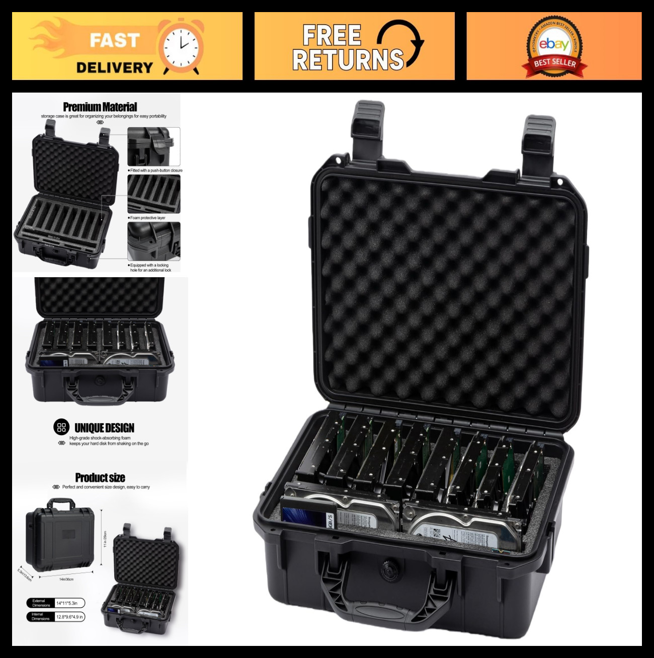 10-Bay 3.5" Hard Drive Storage Case - Shockproof, Moisture-Proof, Foam Protectio