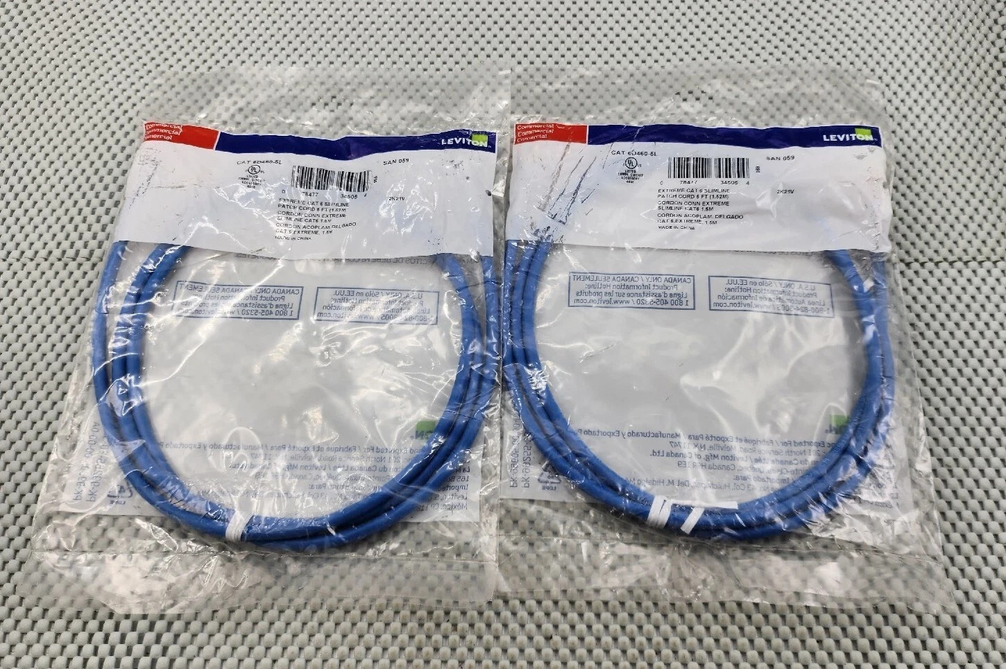 NEW Leviton eXtreme Slimline Cat 6 Patch Cord 5 Ft. Long Blue 6D460-5L (2 PACK)