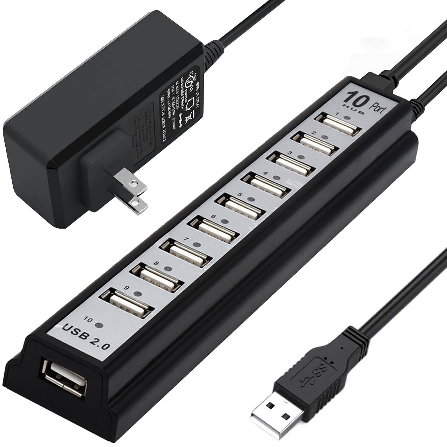 Powered USB Hub 2.0, VIENON 10-Port Extender 10-Port, Black