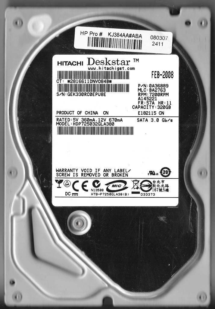 HITACHI HDP725032GLA380 320GB SATA HARD DRIVE P/N: 0A36889 MLC: BA2763 FW: 57A