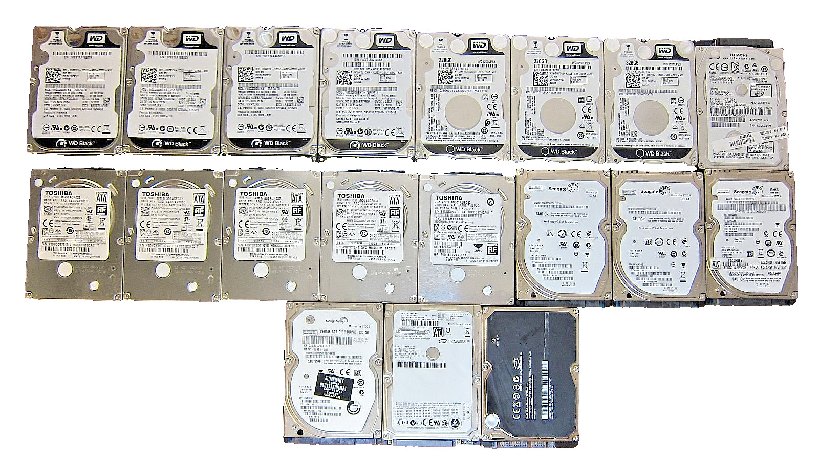 Lot of 21pcs 320GB WD, Hitachi, Toshiba, Seagate, and Fujitsu 2.5" SATA HDD
