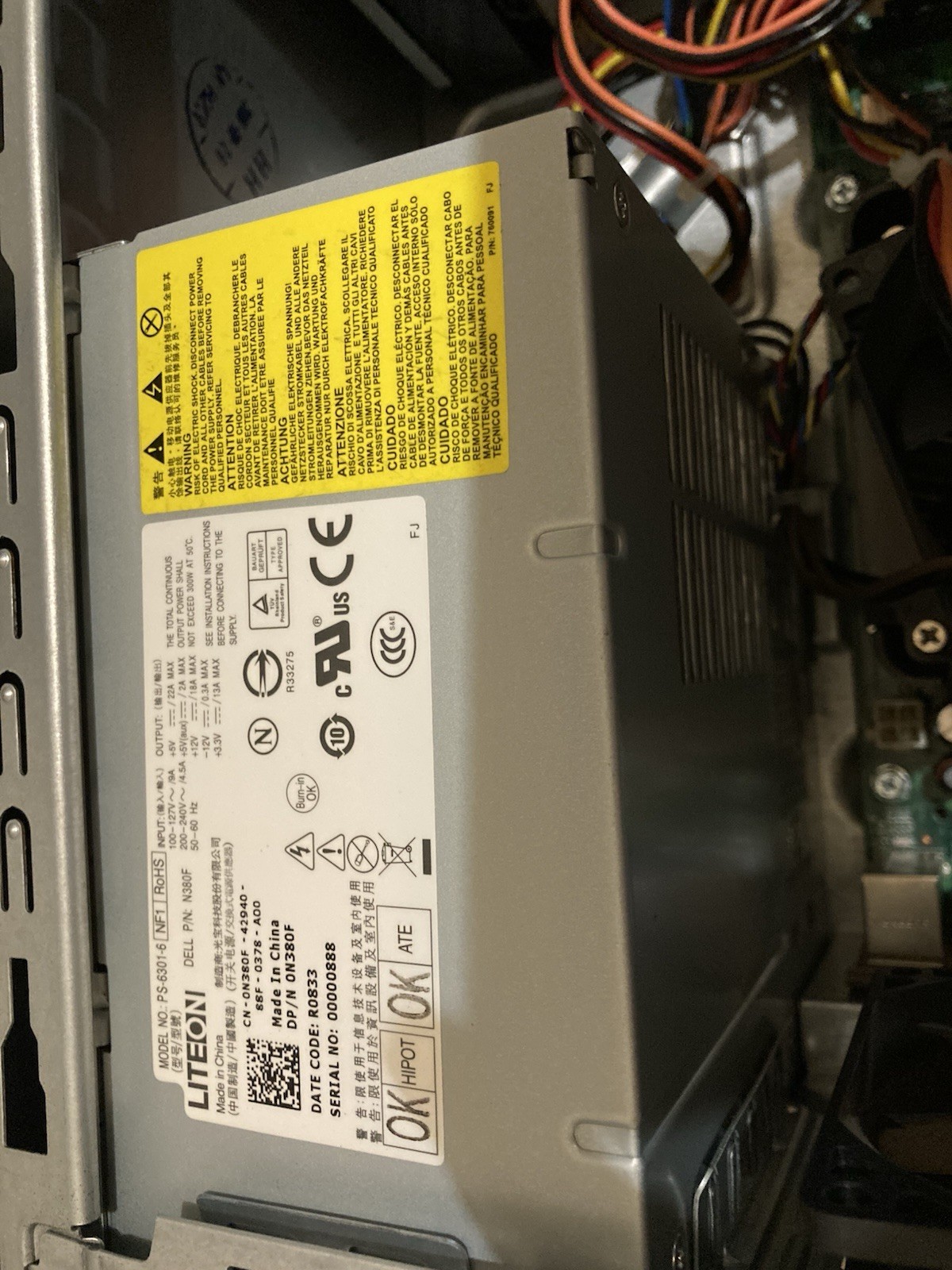 Power supply LiteON PS 6301-6 from Dell vostro 220, 100-127v, 200-240v input