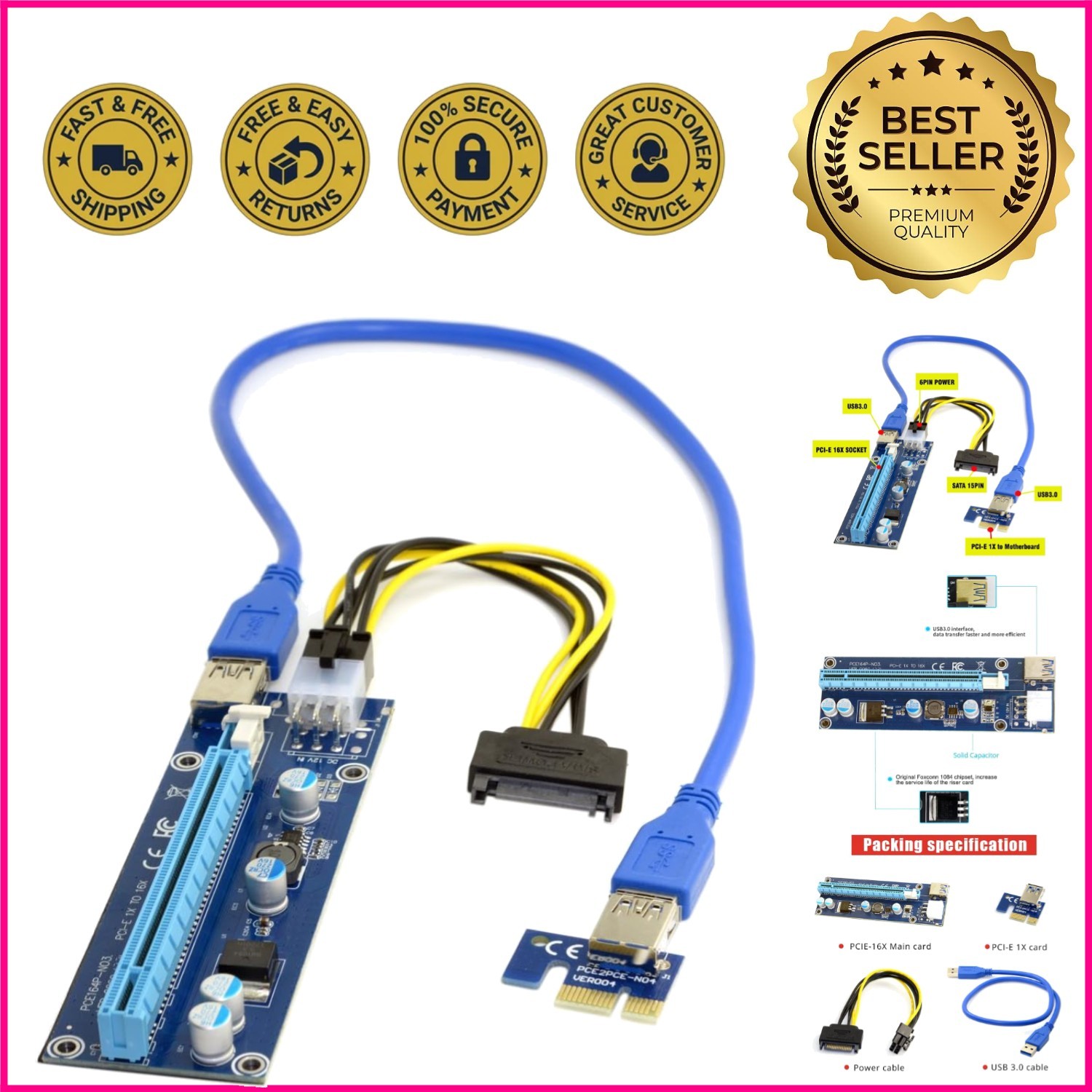 JSER PCI-E 1x to 16x Mining Machine Enhanced Extender Riser Adapter with USB 3.0