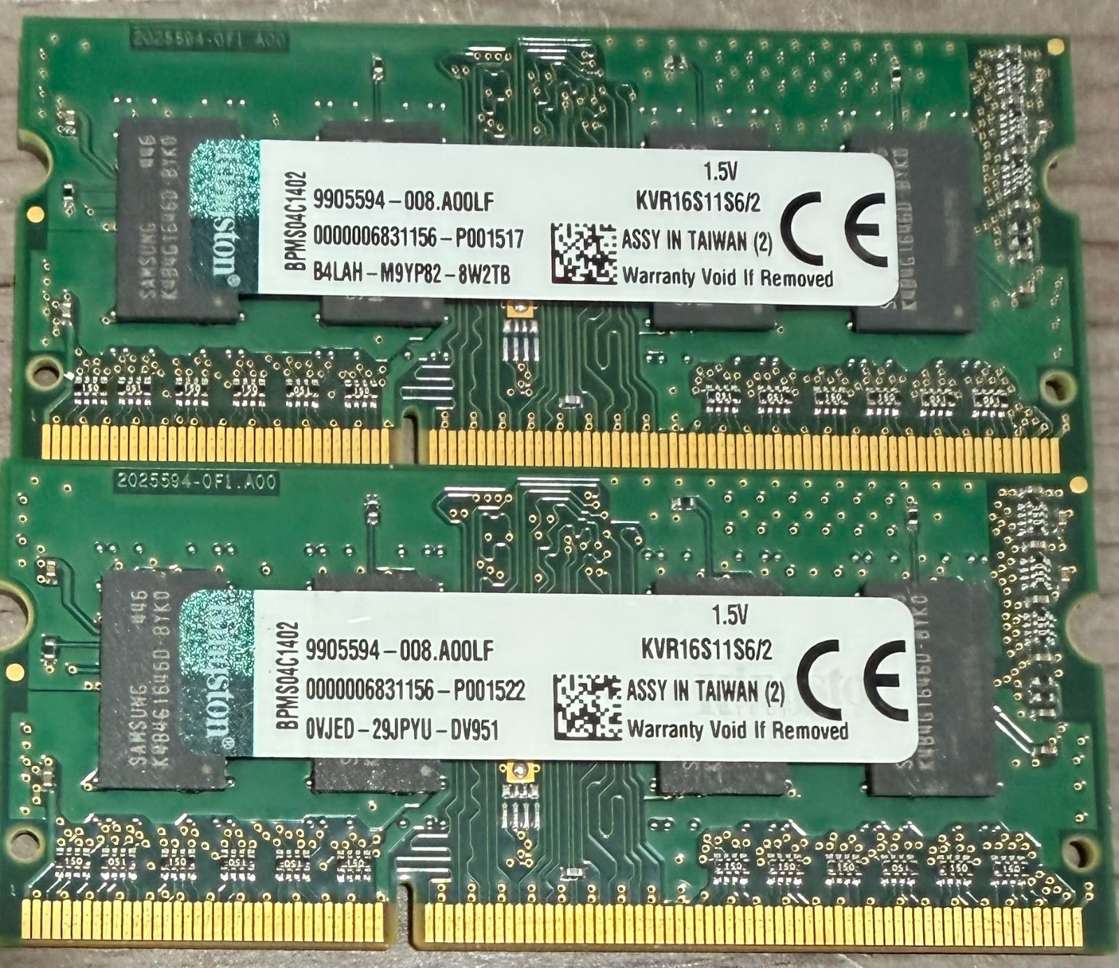 Lot of 2 Kingston 2GB 1Rx16 DDR3-1600 PC3-12800S Laptop RAM Memory KVR16S11S6/2