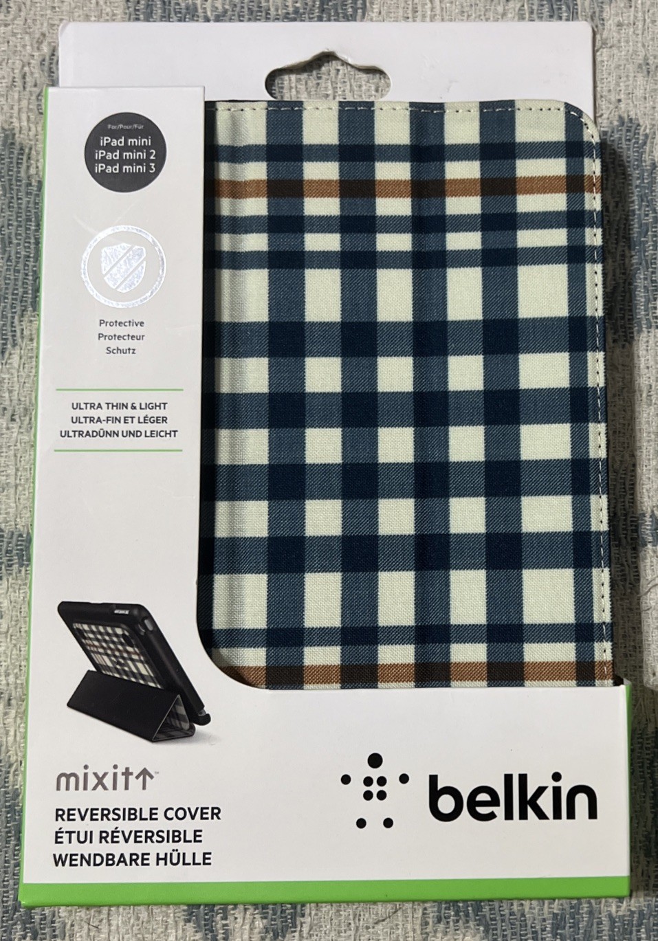 Belkin MixitUp Reversible Cover iPad Mini 1 2 3 Folio Case Blue White Plaid NEW