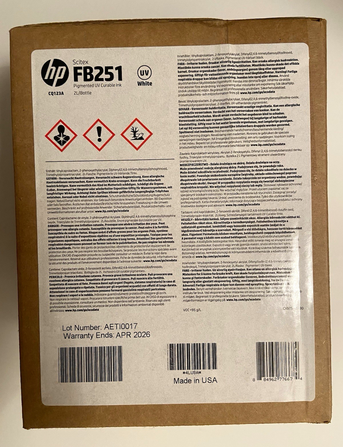 HP CQ123A Scitex FB251 Genuine White UV Curable 2L Ink for FB500 FB750