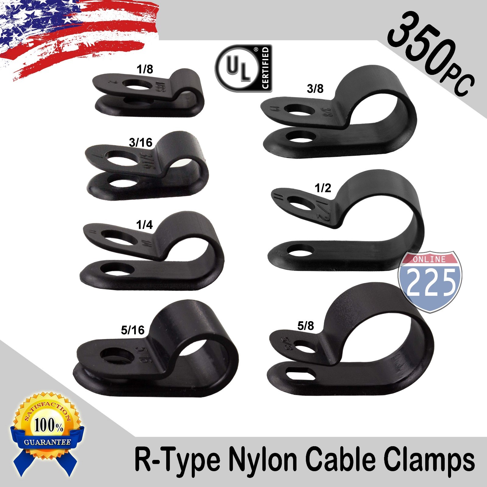 50 EACH 1/8 3/16 1/4 5/16 3/8 1/2 5/8 INCH BLACK NYLON R-TYPE CABLE CLAMPS 350pc