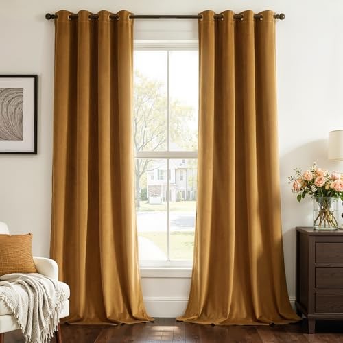Velvet Blackout Curtains 96 Inch Long,Room 52"W x 96"L (Pack of 2) Gold