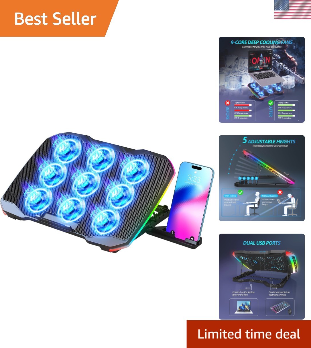 Versatile Laptop Cooling Stand for 12-17 Inch with Phone Holder & LED Lighting