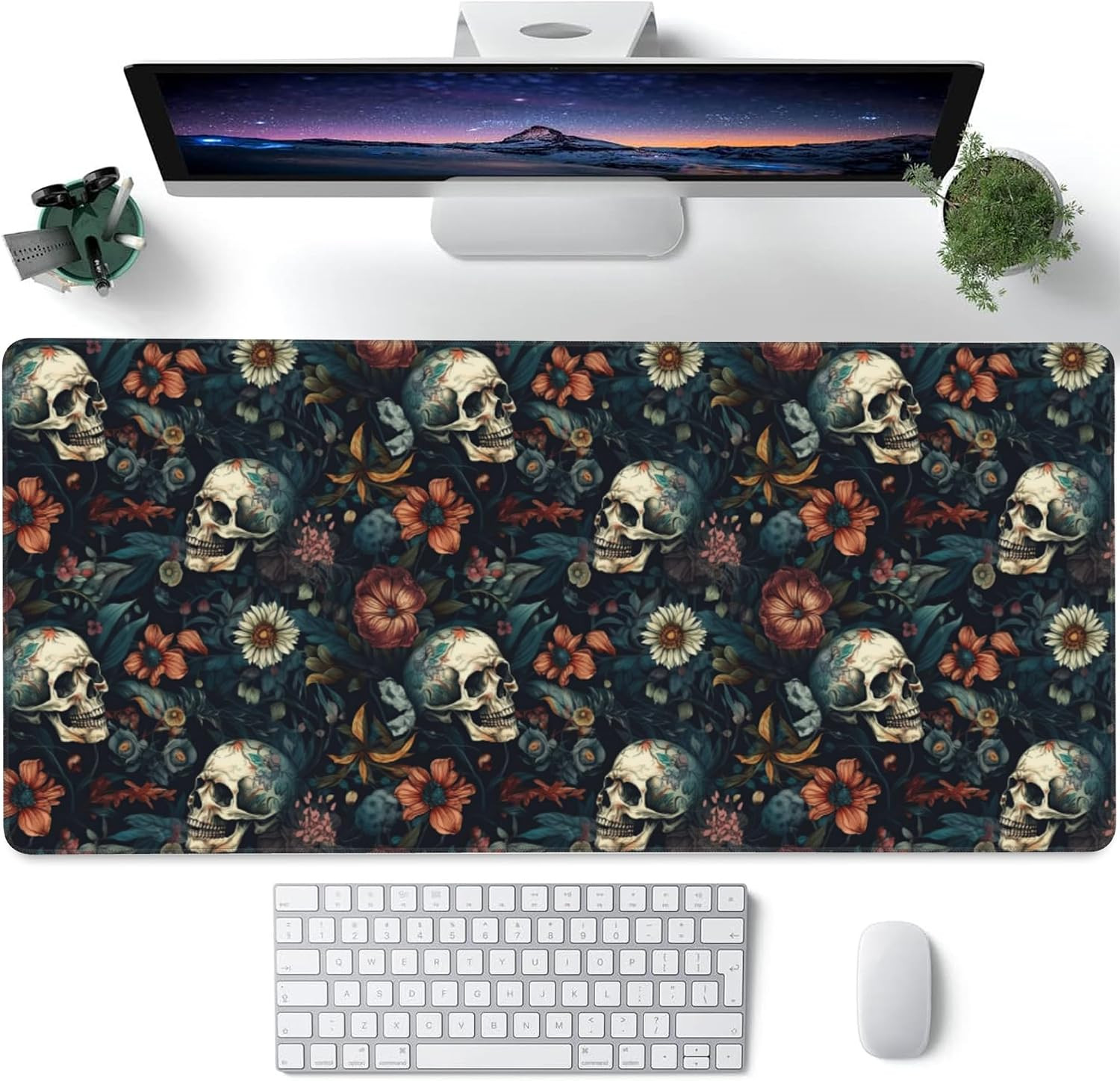Skull Floral Desk Mat XXL 35.4"x15.7" Gaming Mouse Pad Non-Slip Stitched