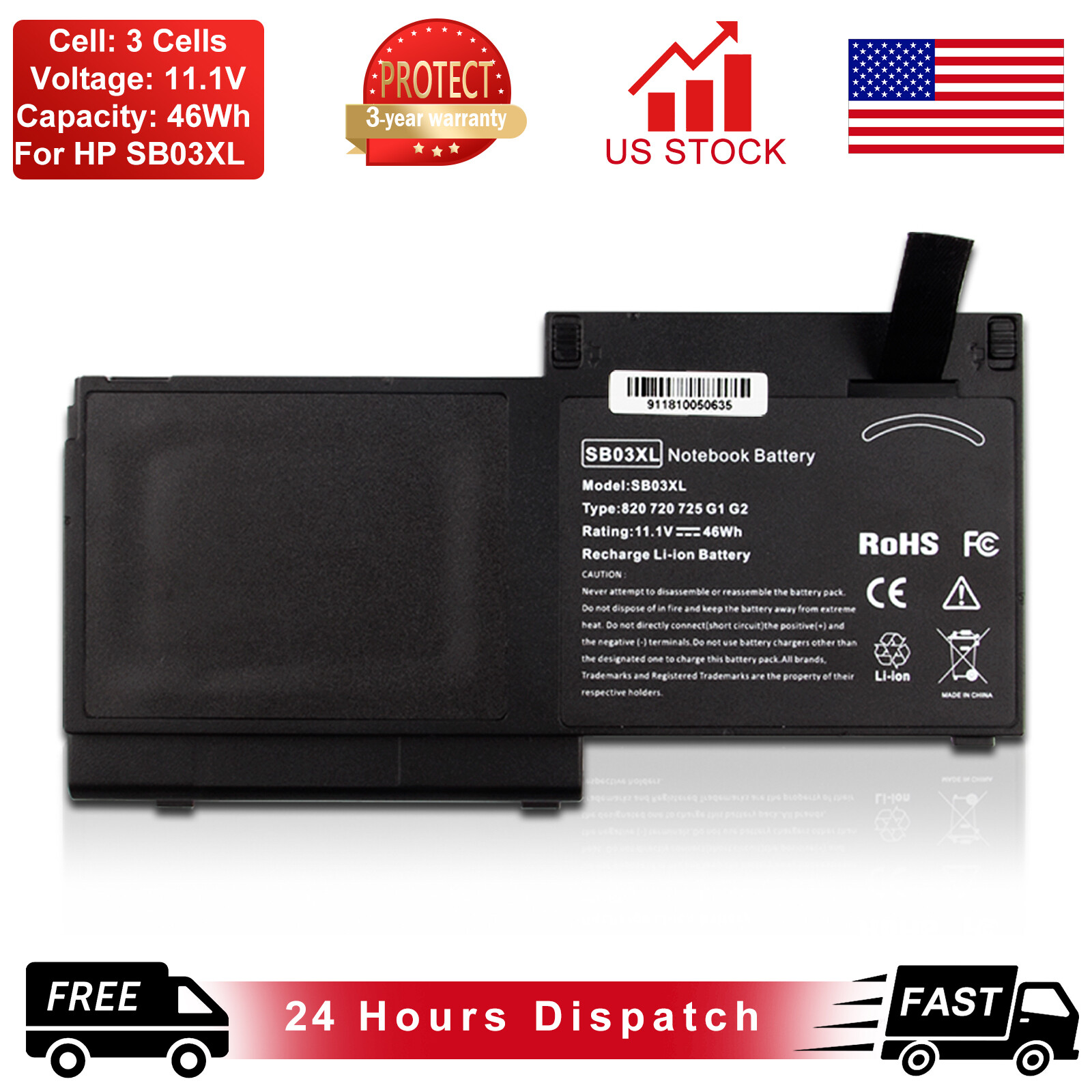 SB03XL SB03 Battery For HP EliteBook 720 725 820 G1 G2 Series Laptop 716726-1C1 