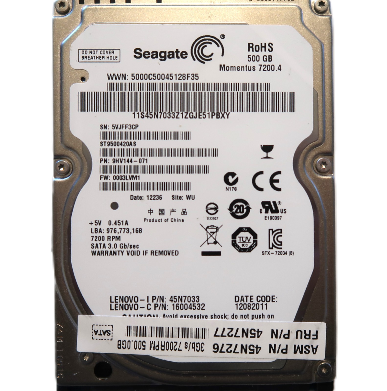 ST9500420AS PN:9HV144-071 FW:0003LVM1 (5VJF) Site:WU 500gb 2.5" Sata HDD 12/2011
