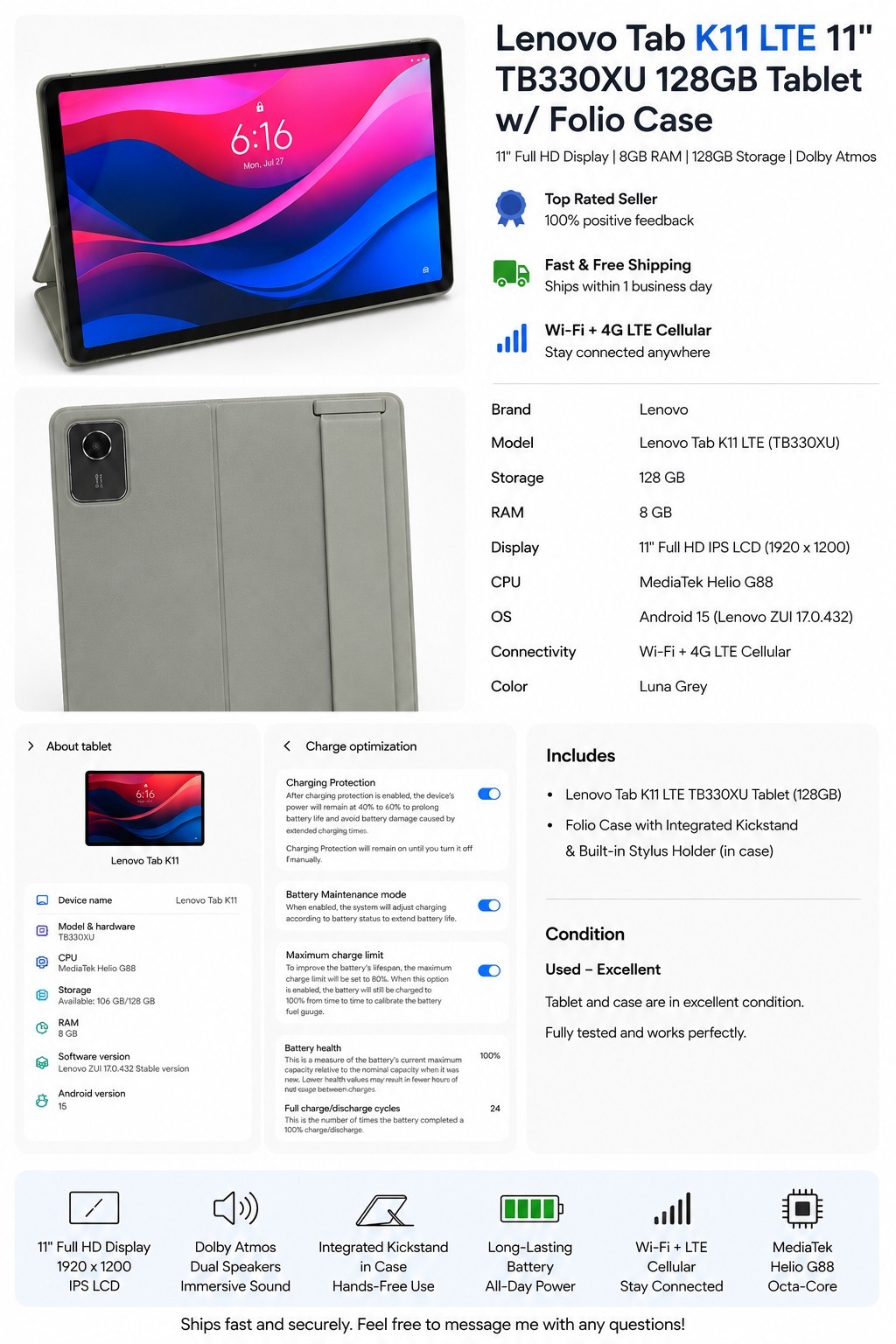Lenovo Tab K11 128GB 8GB RAM 11" WiFi + Cellular Tablet + Lenovo Folio