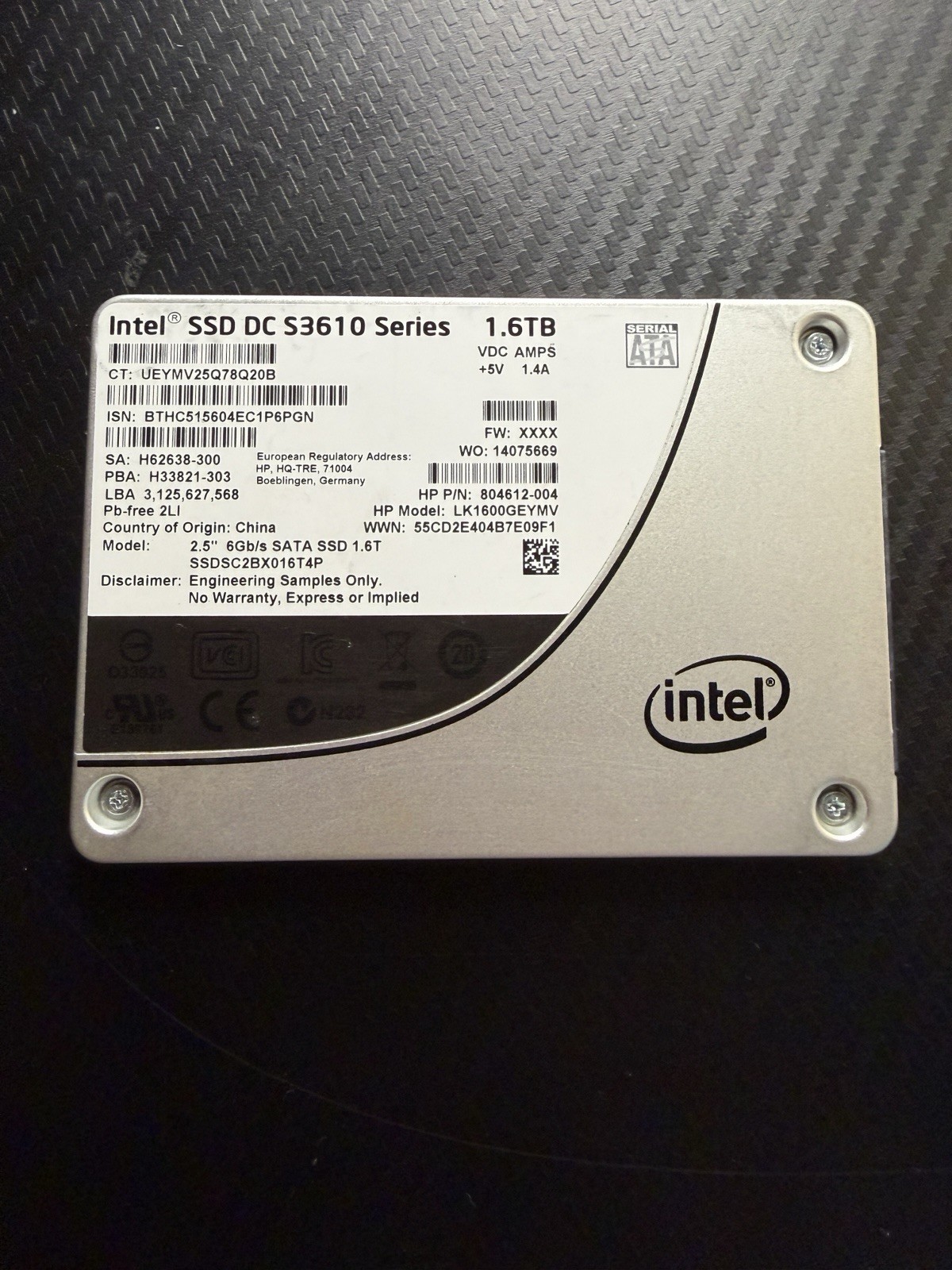 HPE Intel S3610 1.6TB SATA SSD LK1600GEYMV Enterprise 100% Health 239 Hours ES