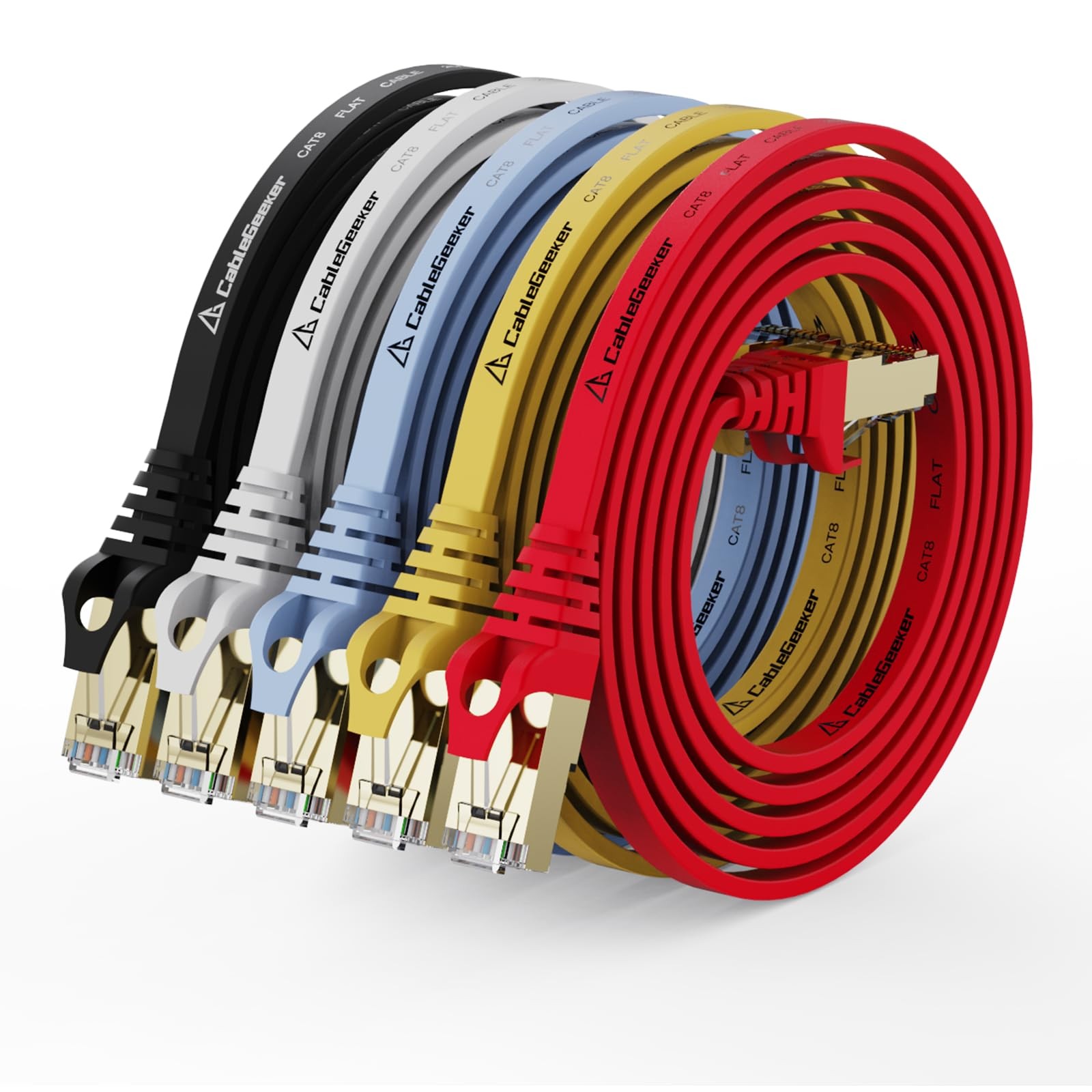 5 PCS 3 ft Cat8 Shielded Flat Ethernet Cables Multicolor 40Gbps/2000MHz RJ45