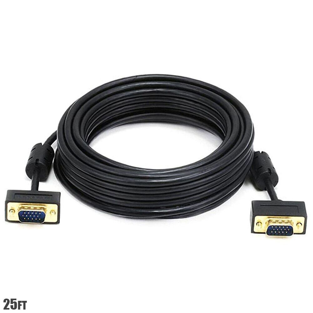 25FT Ultra Slim SVGA Super VGA DB15 Male to Male Monitor Cable Ferrites 30/32AWG