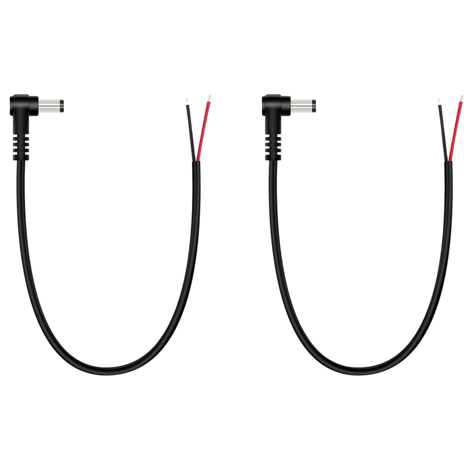 5.5mm x 2.1mm 90 Degree DC Power Male Plug to Bare Wire Pigtail Cable 2-Pack