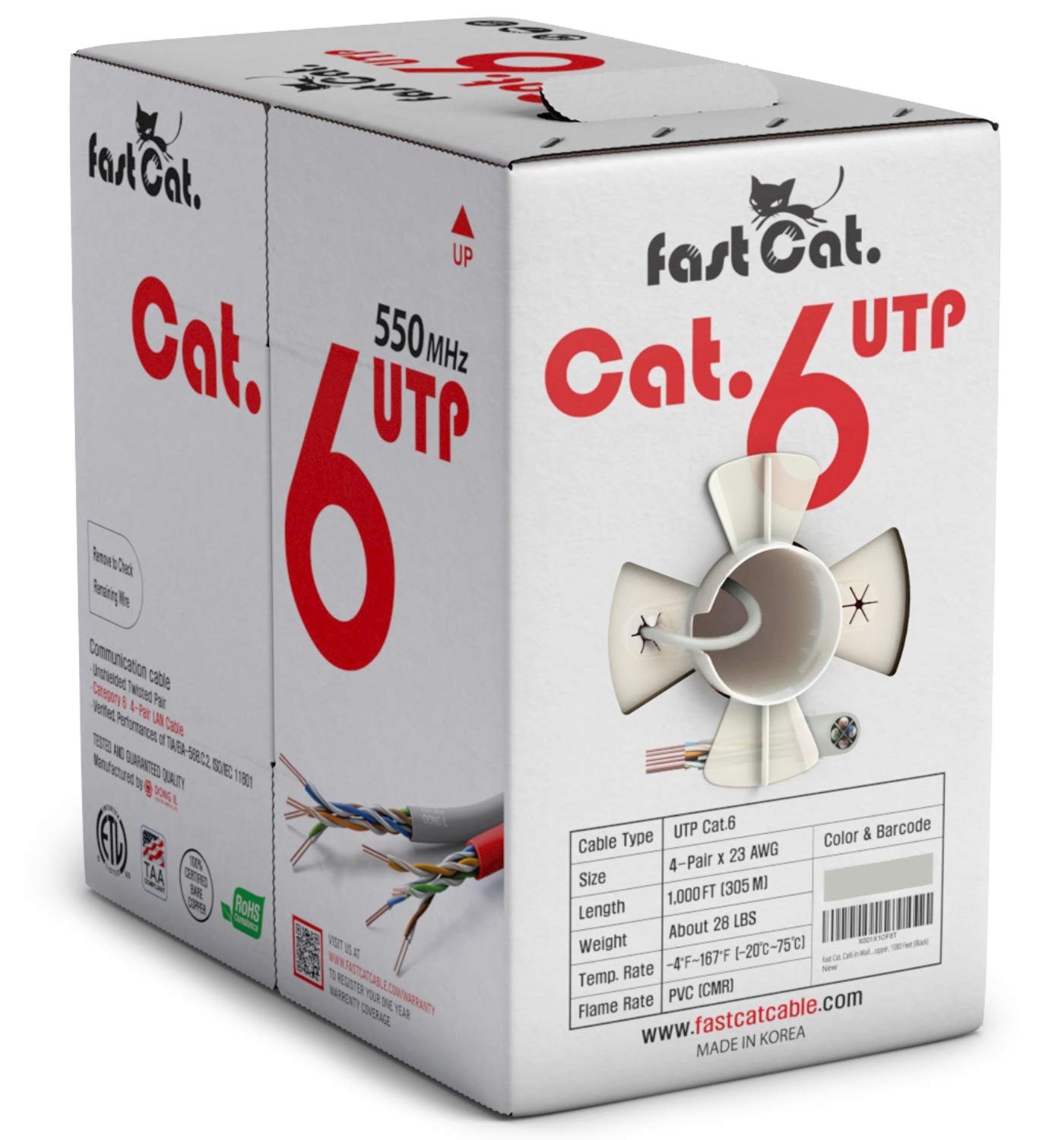 Fast Cat. Cat6 Ethernet Cable 1000ft - 23 AWG, CMR, Insulated 1000ft., White
