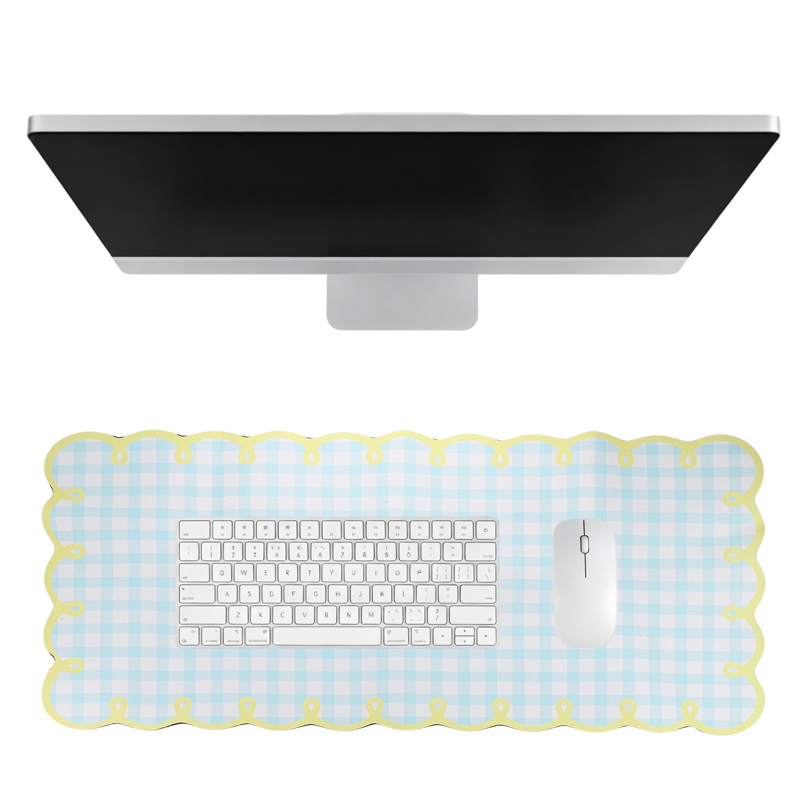 Scalloped Desk Mat, 35.4 x 15.7" Checkered Large Mouse Pad, Light Yellow-Green