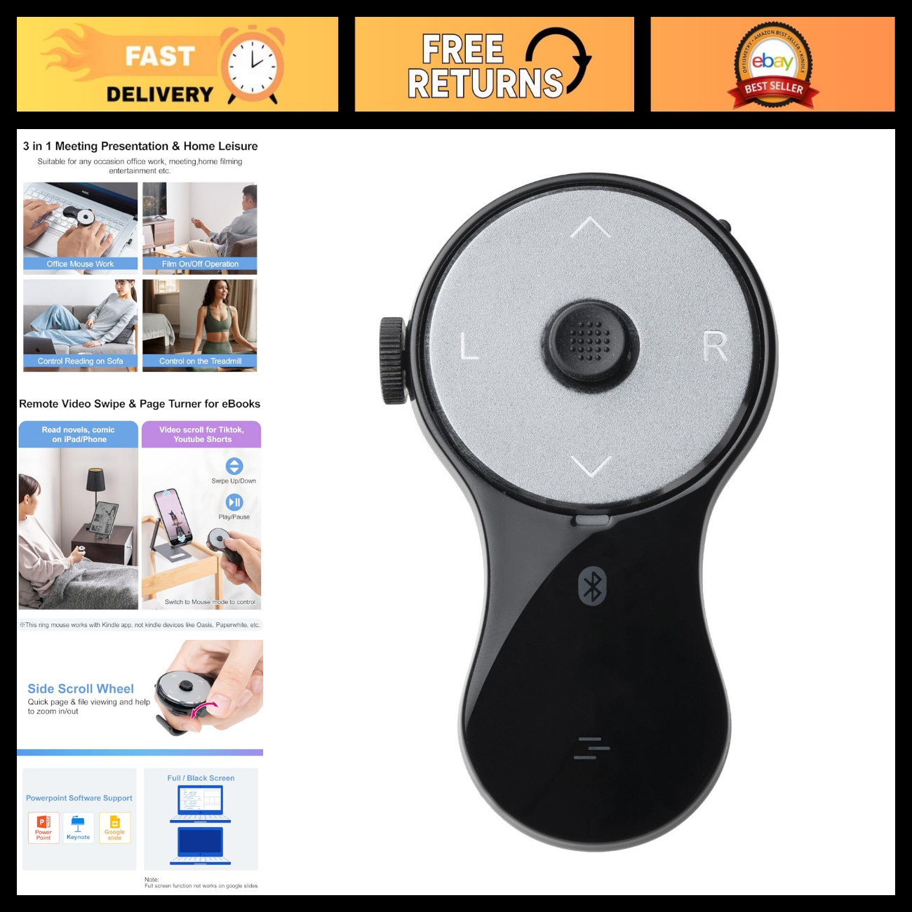 3-in-1 Bluetooth Finger Ring Mouse, Wireless Presentation Clicker & Video Scroll
