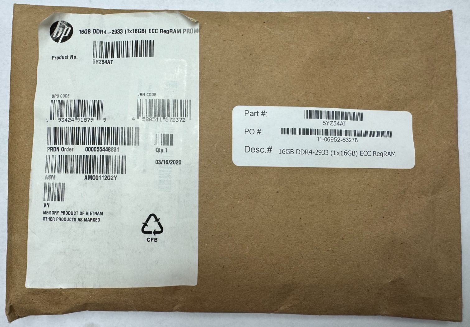 New sealed HP 16GB DDR4 2933 ECC Memory Module 5YZ54AT