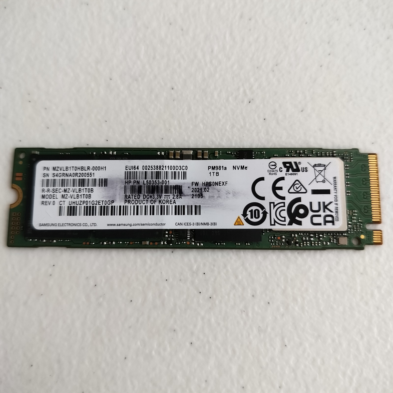 Samsung PM981a 1TB TLC PCIe 3.0 x4 NVMe M.2 2280 SSD - 100% Health Good - TESTED