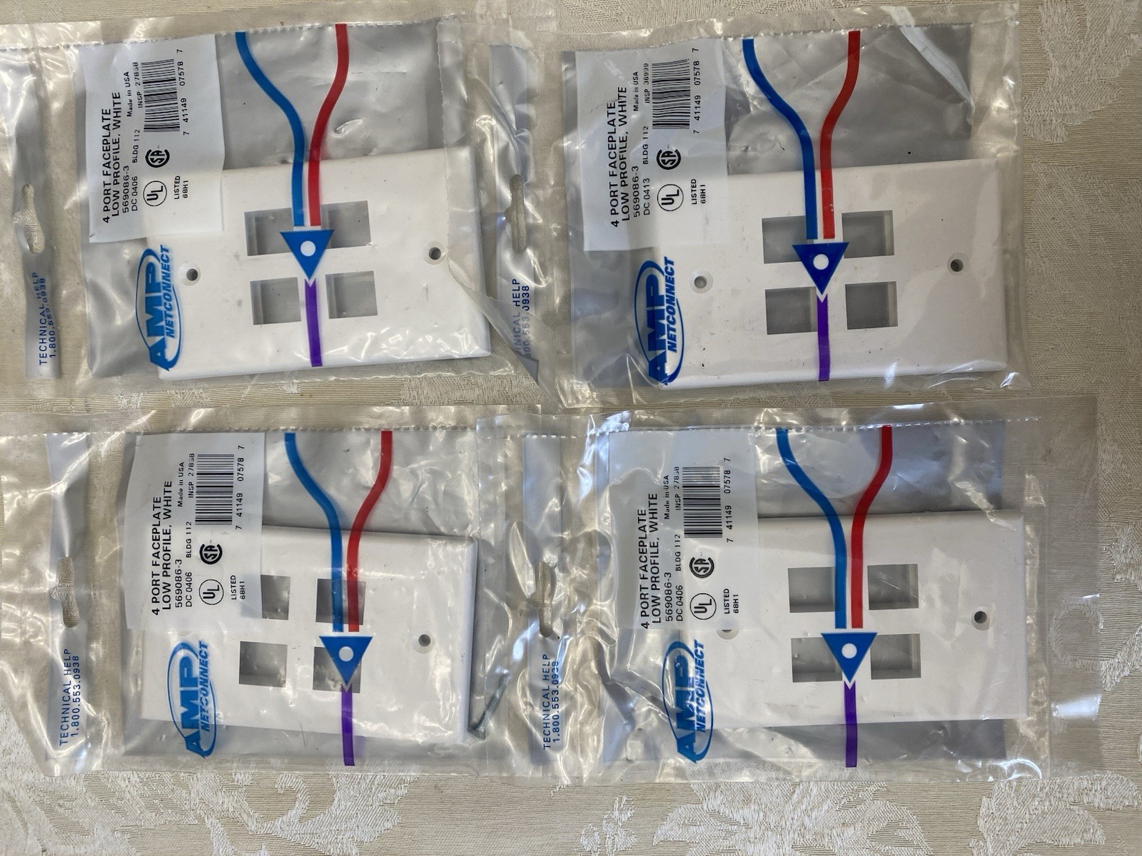 4 - NEW 4 PORT AMP NETCONNECT FACEPLATE LOW PROFILE, WHITE PART NO 569086-3 USA