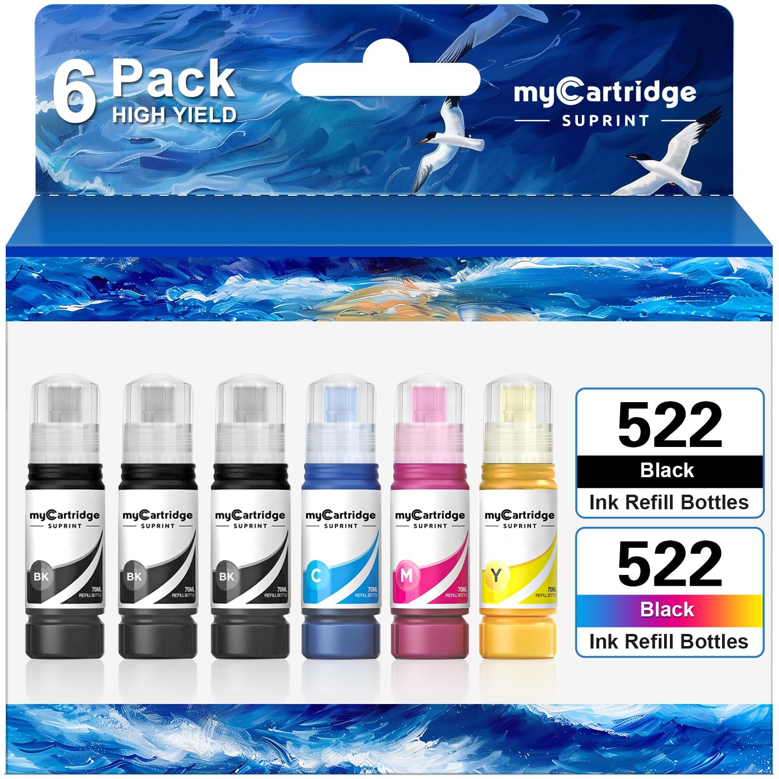 6 PCS 522 Ink Refill Bottles High Capacity For EcoTank ET2400 2720 2800