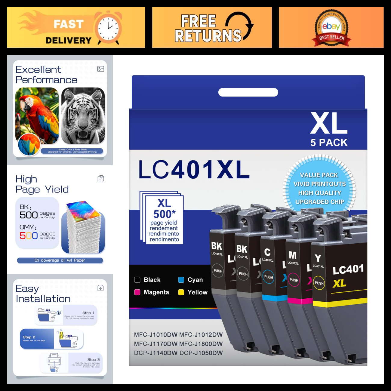 High Yield Ink Cartridges 5-Pack for J1010DW - Compatible, Long-lasting, Quality