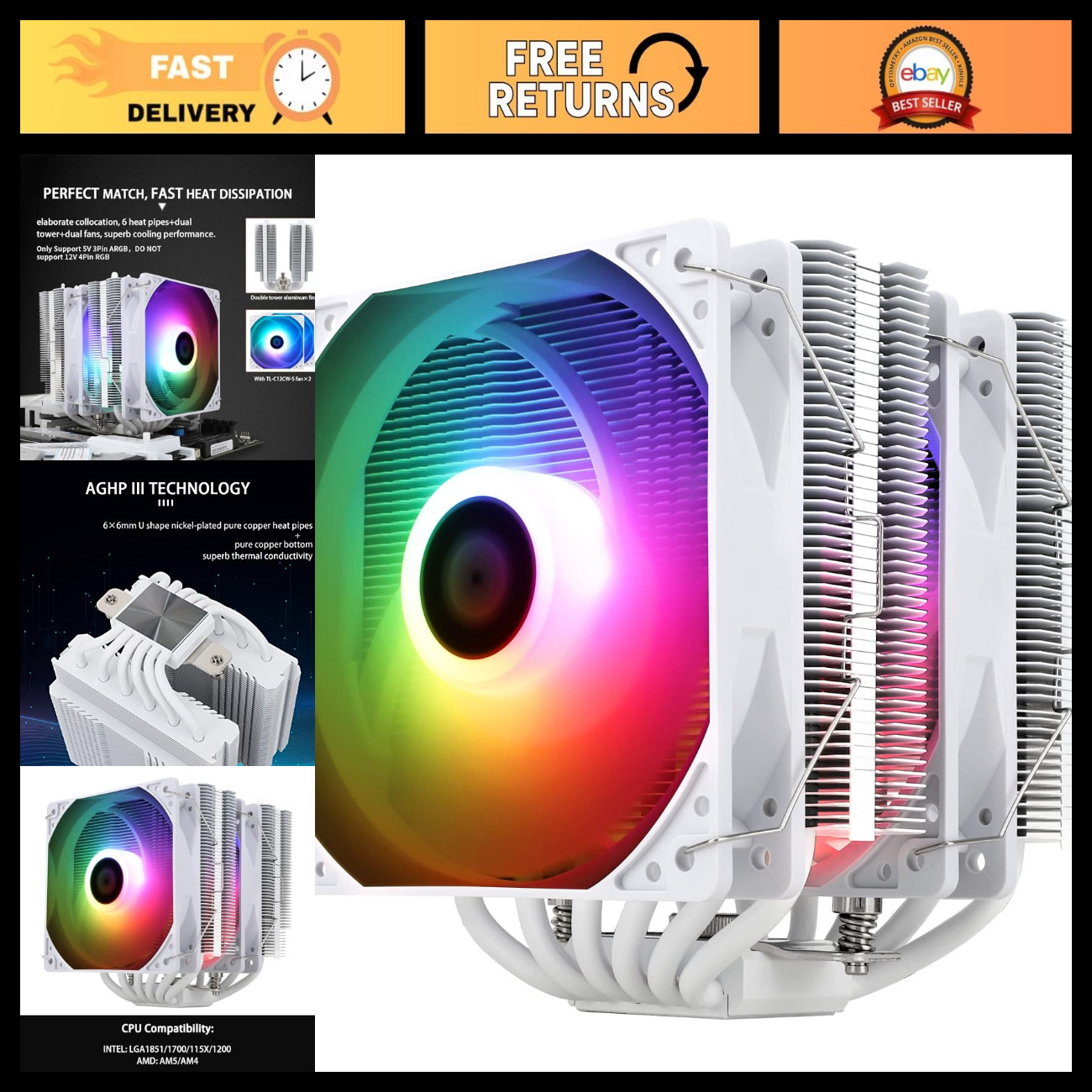 High-Performance CPU Cooler, 120mm ARGB, 6 Heat Pipes, Dual PWM Fans, AMD/Intel