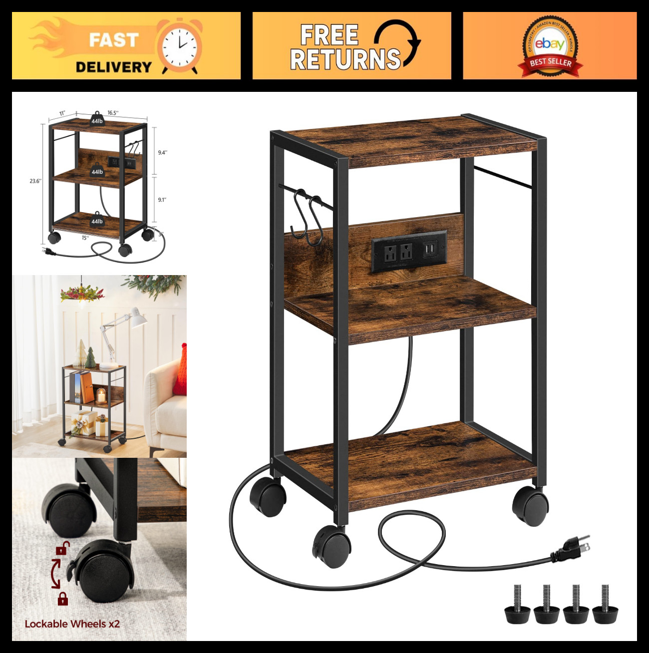 3-Tier Rolling Printer Cart with Power Outlets & USB Ports, Mobile Stand for Off
