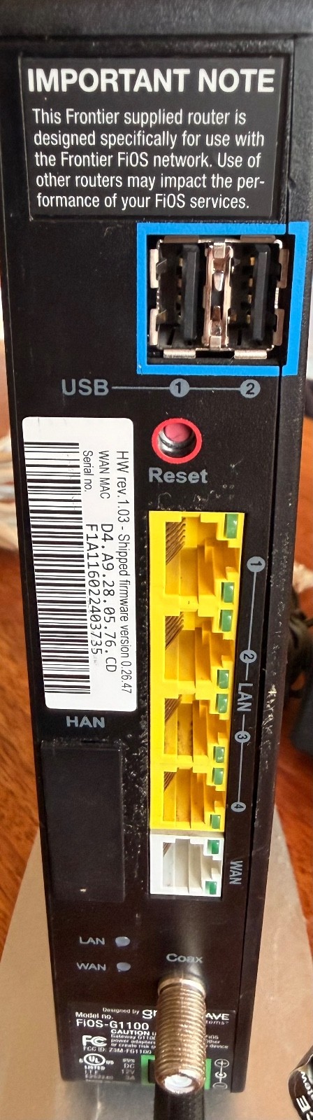 Verizon Fios Quantum Gateway 4-Port Wi-Fi Router - Black (FIOS-G1100)