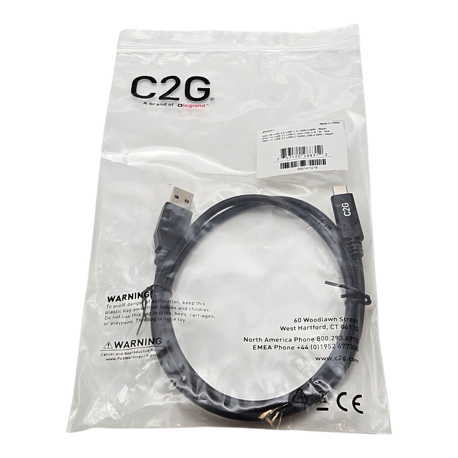 C2G Legrand USB-C to USB-A 3.0 Cable 3ft Black M/M #28831 Fast Charge Data - New