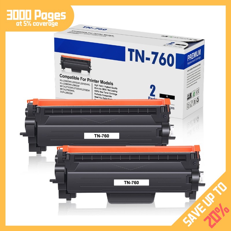 2PK TN760 for Brother Black New w/chip Toner Cartridge TN730 MFC-L2710DW L2730DW
