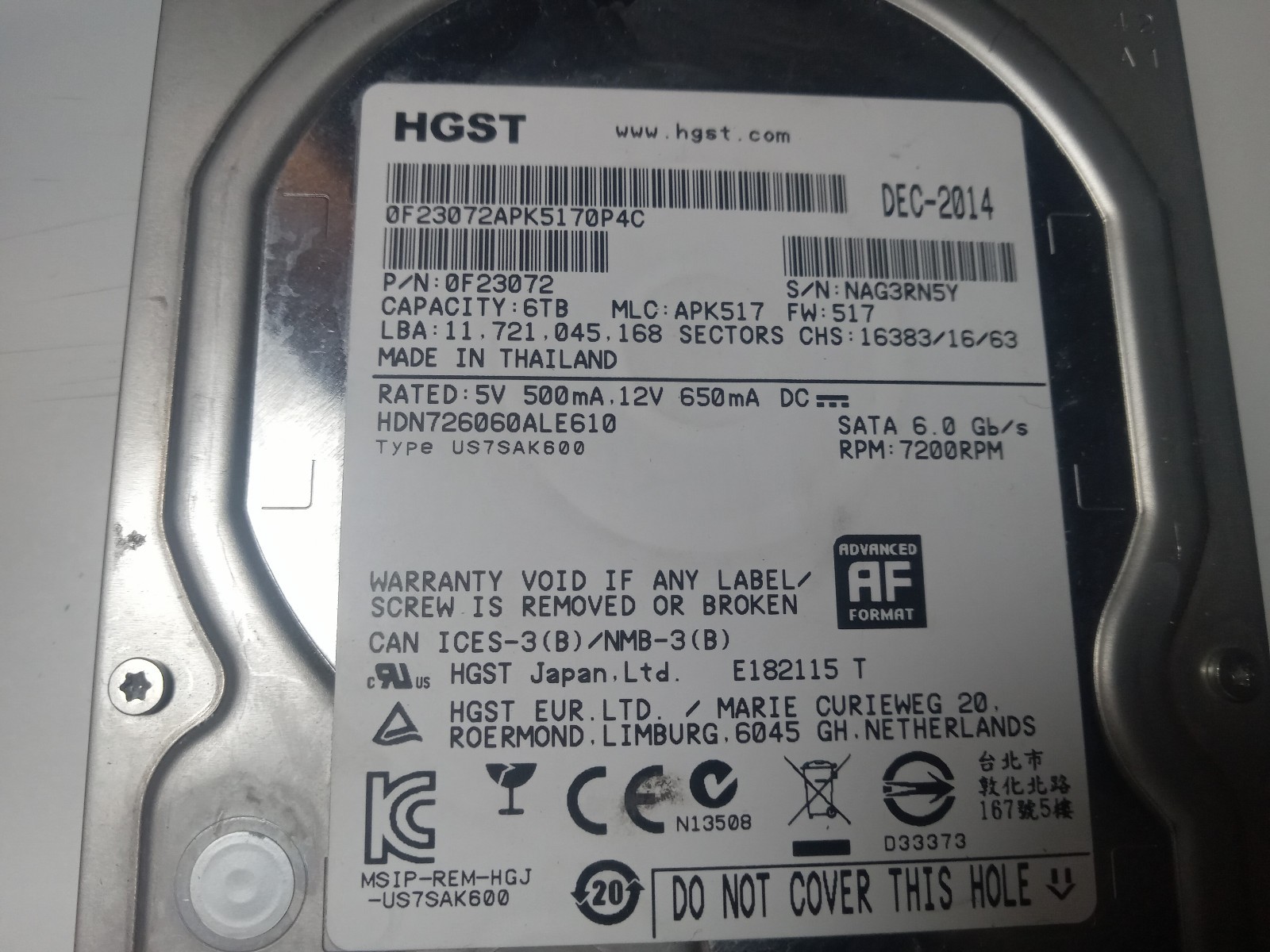 AS IS (Good Runs Hot) HGST 6TB SATA HDD Desktop Internal Hard Drive 7200 RPM