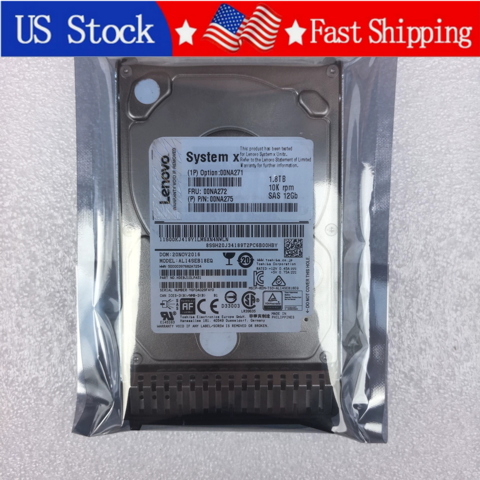 New Lenovo 00NA271 00NA272 1.8TB 10K 12Gb SAS 2.5" G3HS 512e HDD Hard Drive