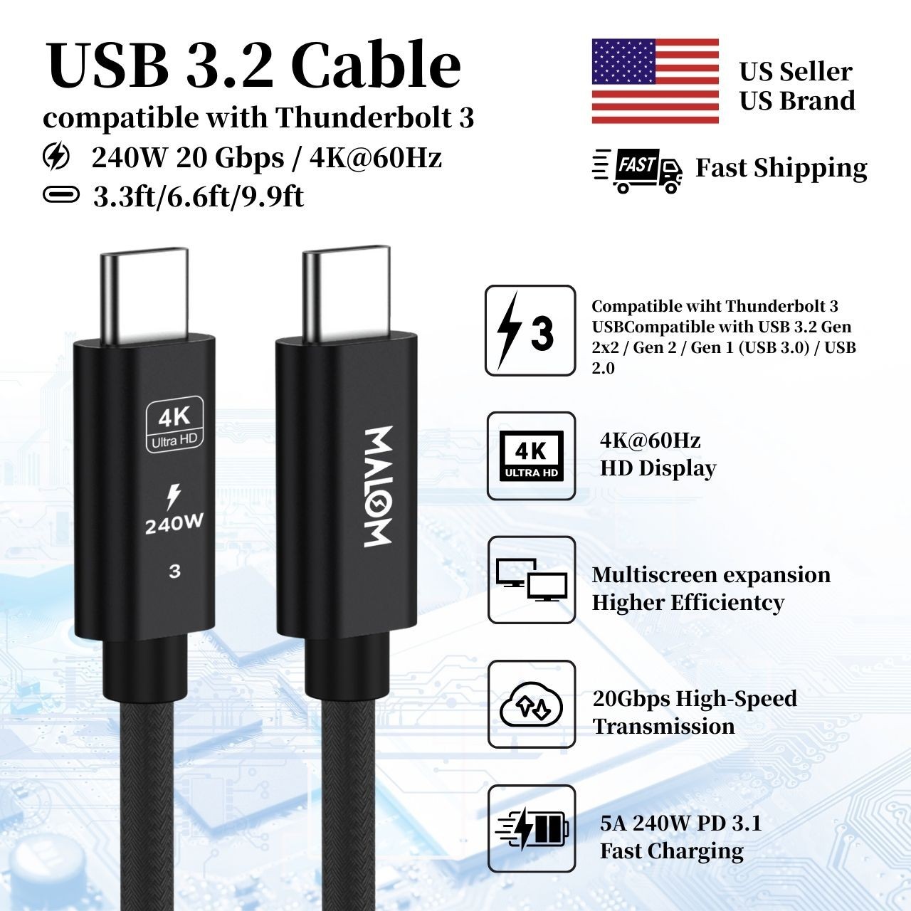 USB3.2 240W USB-C PD Fast Charging Cable 20Gbps Data 4K Display for MacBook Pro