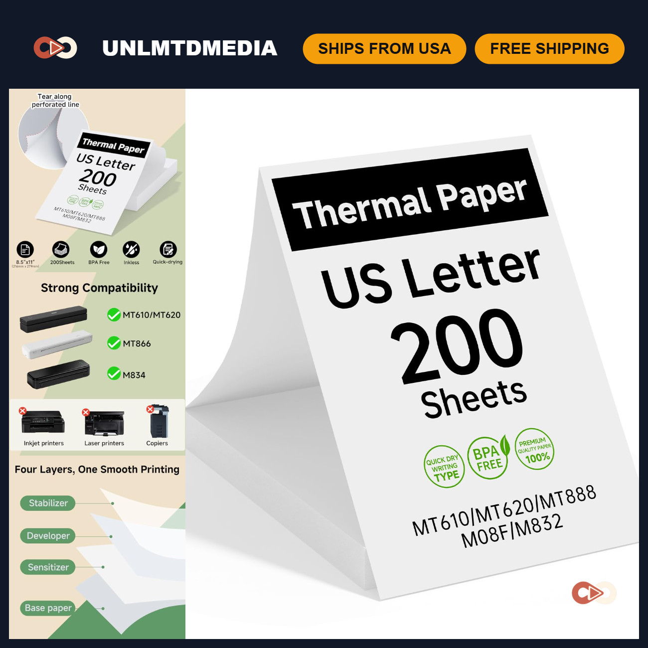Portable Thermal Printer Paper - 200 Sheets, US Letter 8.5x11 Inch, High Quality