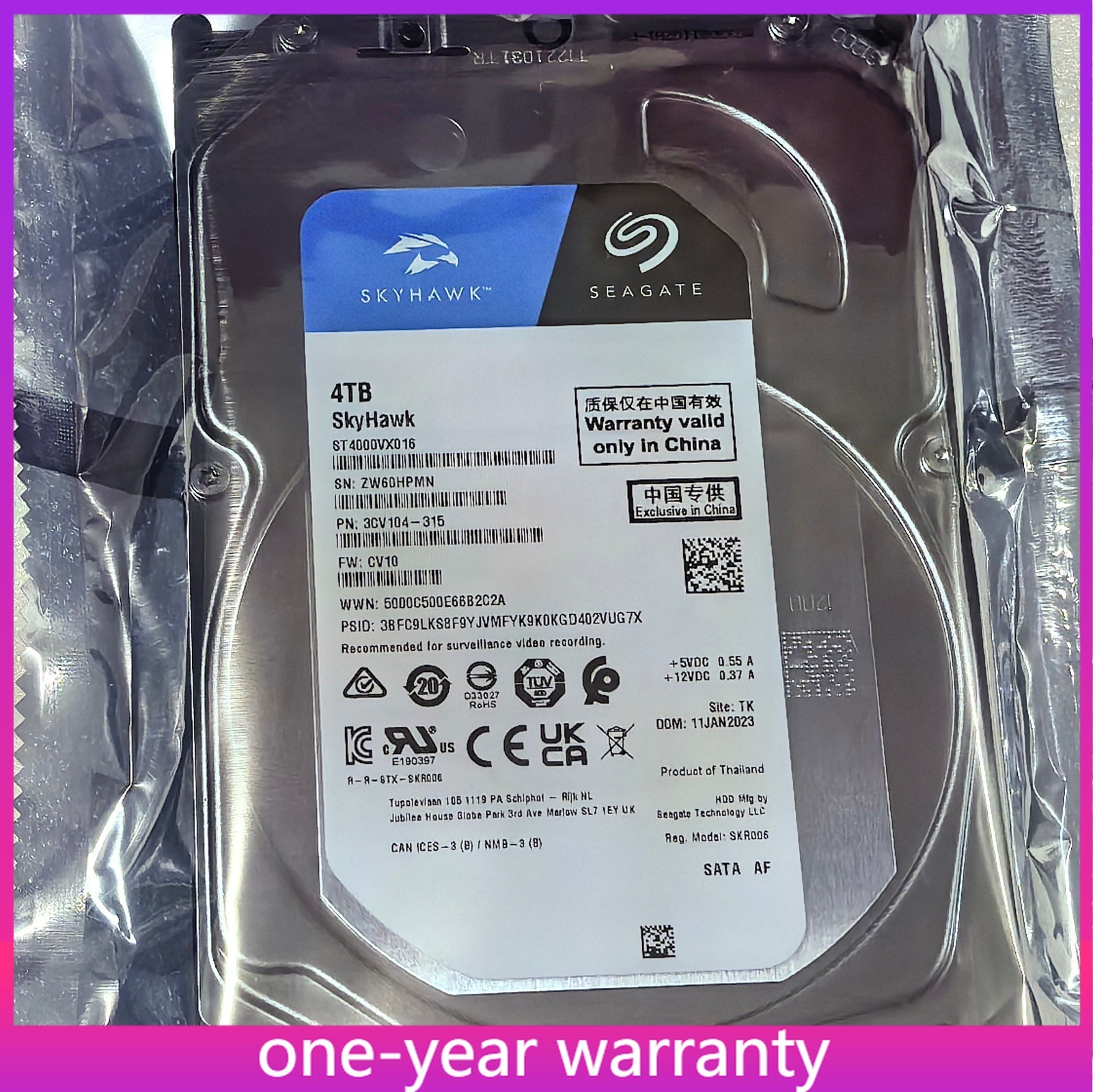 Seagate SkyHawk ST4000VX016 256MB 4TB Cache 3.5" SATA Internal Hard Drive 6Gb/s
