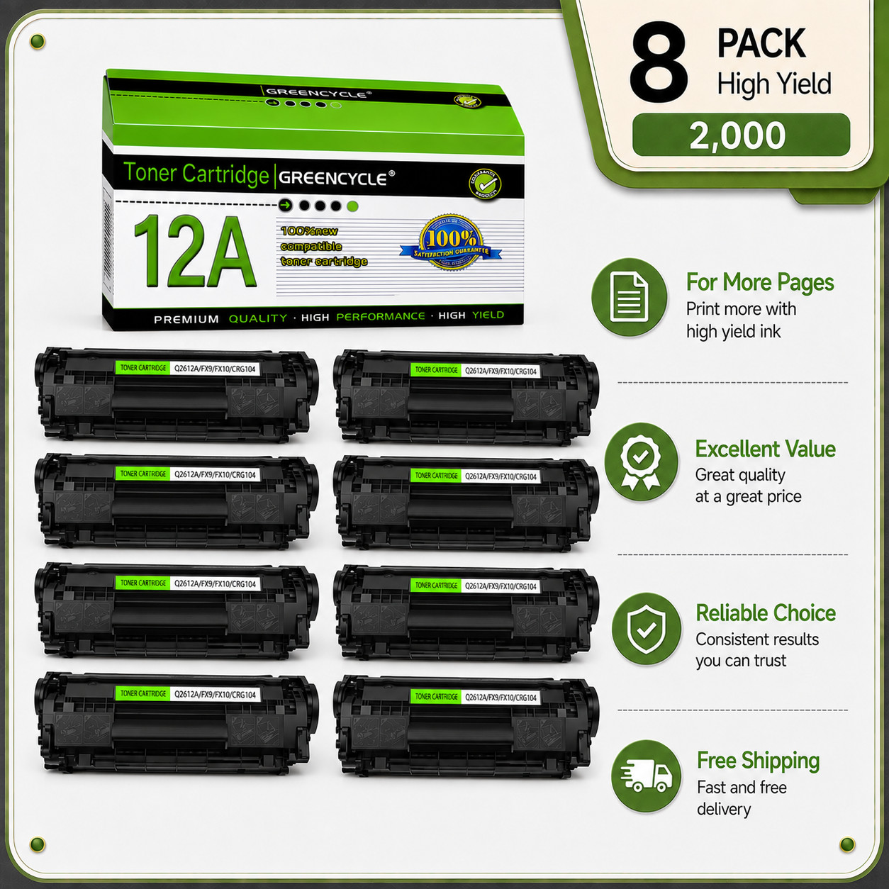 8PK Black Q2612A 12A Toner for HP LaserJet 3015,3020,3030,3050,3052,3055