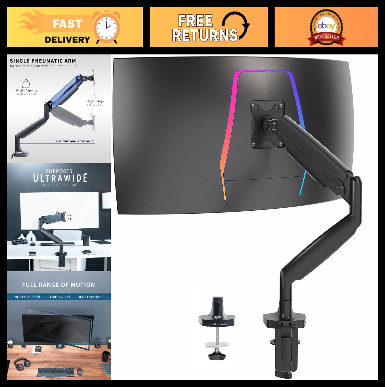 Heavy Duty Single Monitor Arm for Ultrawide Monitors up to 40" - Desk Mount, Pne