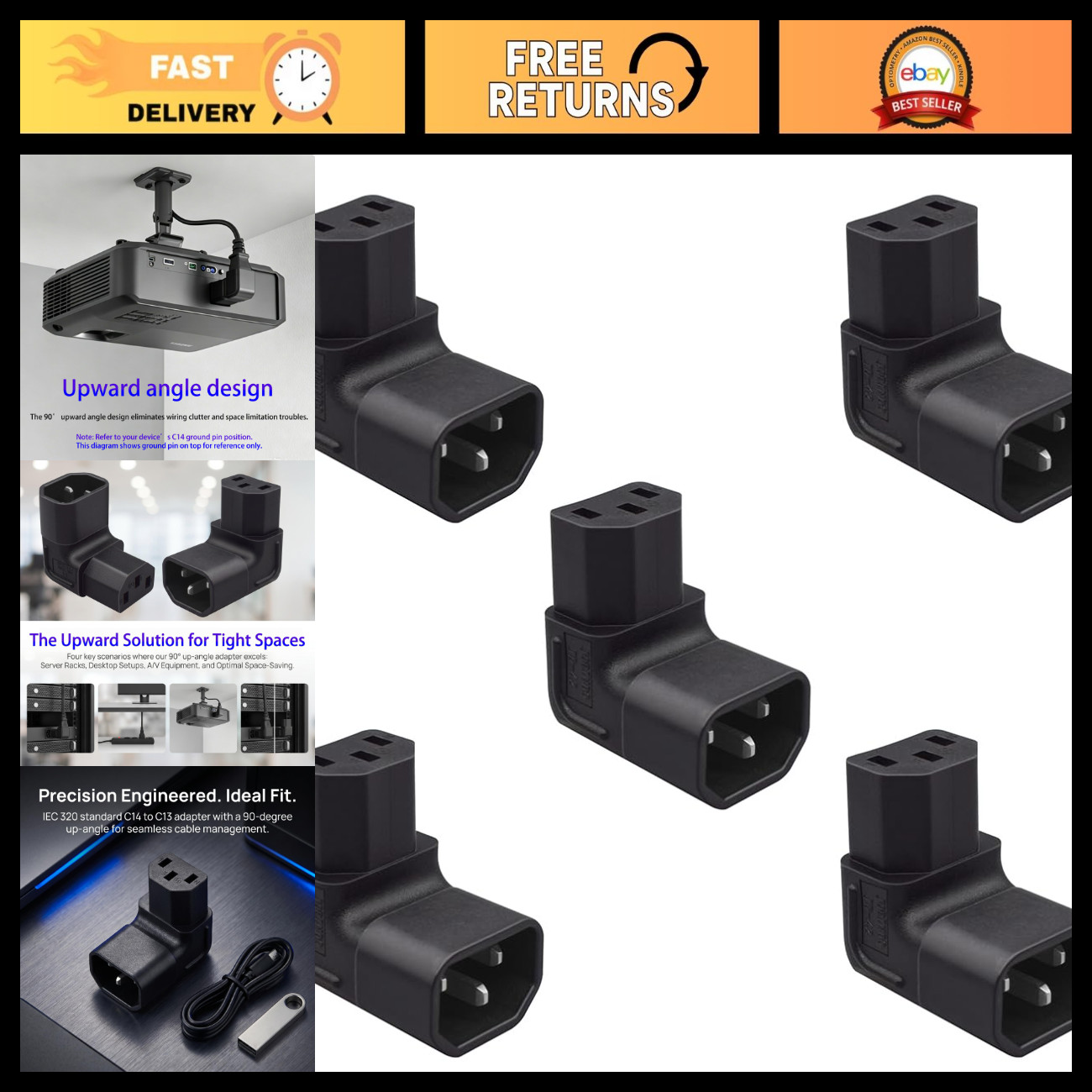 5 PCS IEC320 C14 to C13 90° Power Adapter, 15A 250V Right Angle Connector for PD
