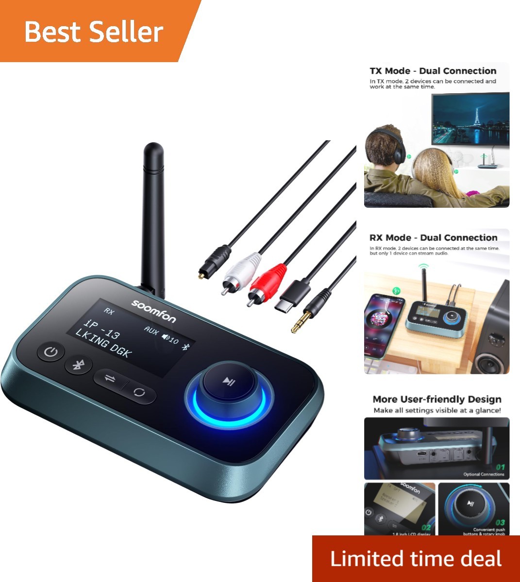 3-in-1 Bluetooth Transmitter for TV: Optical, AUX, RCA with LCD Volume Control