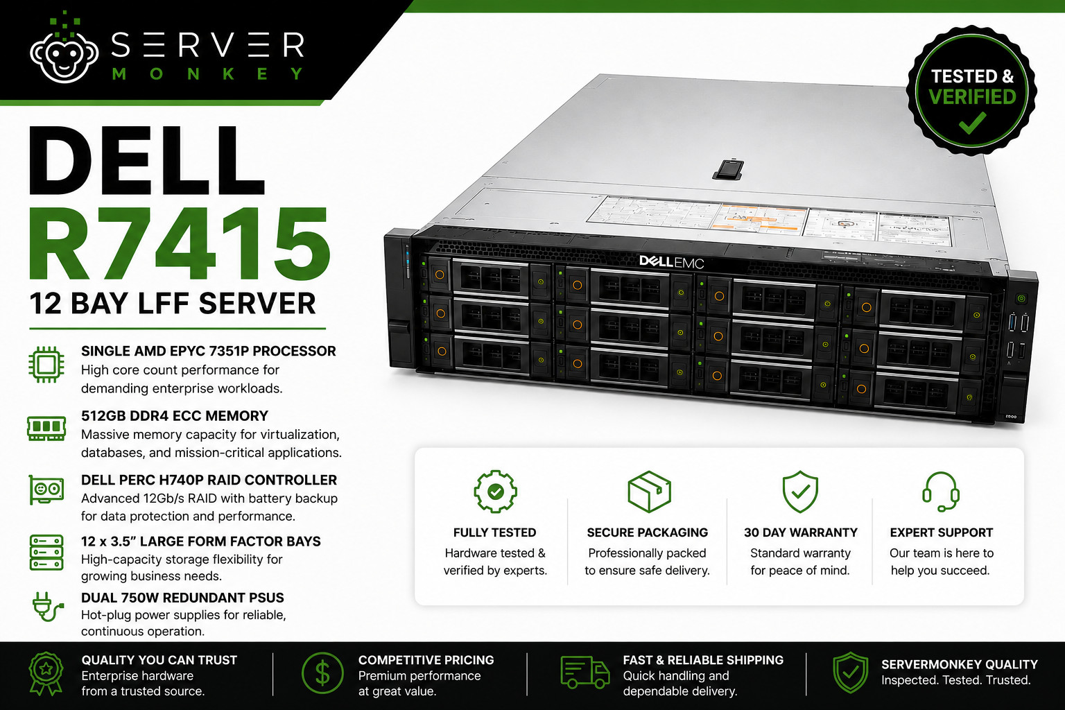 Dell PowerEdge R7415 Server |  1x EPYC 7351P 2.4GHz  | 512GB | H740P | No Drives