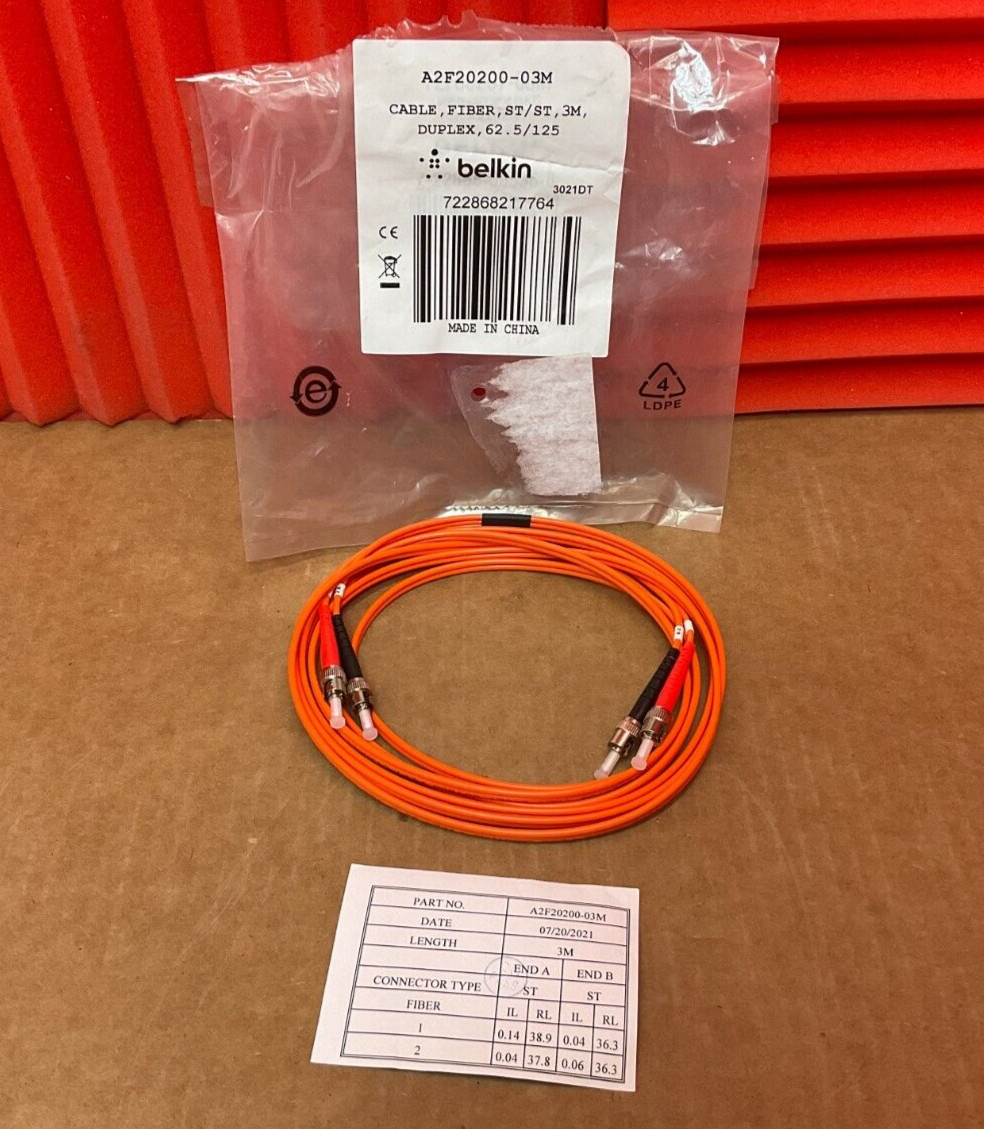 Belkin Multimode ST PC OM1 Fiber Patch Cable 3 meters A2F20200-03M ✅❤️️✅❤️️