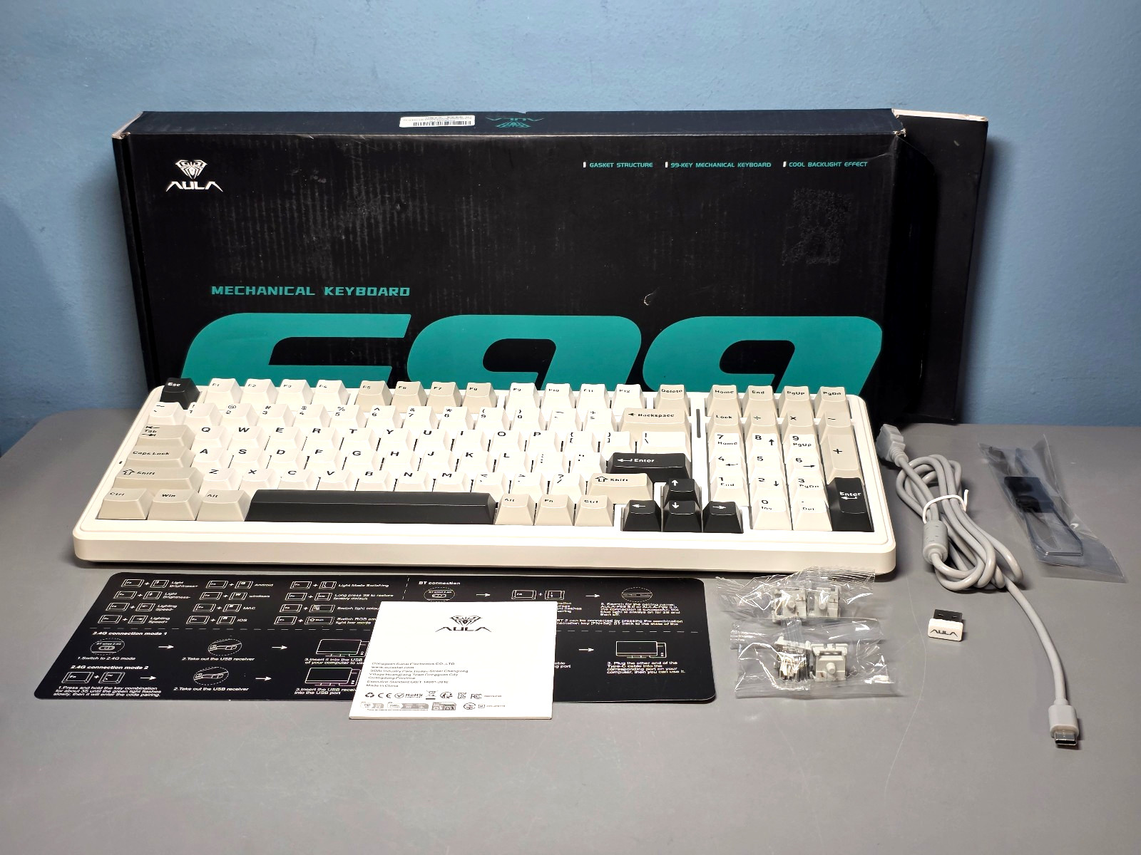 AULA F99 99 Key Wireless Dongle Bluetooth Wired Mechanical Keyboard White New