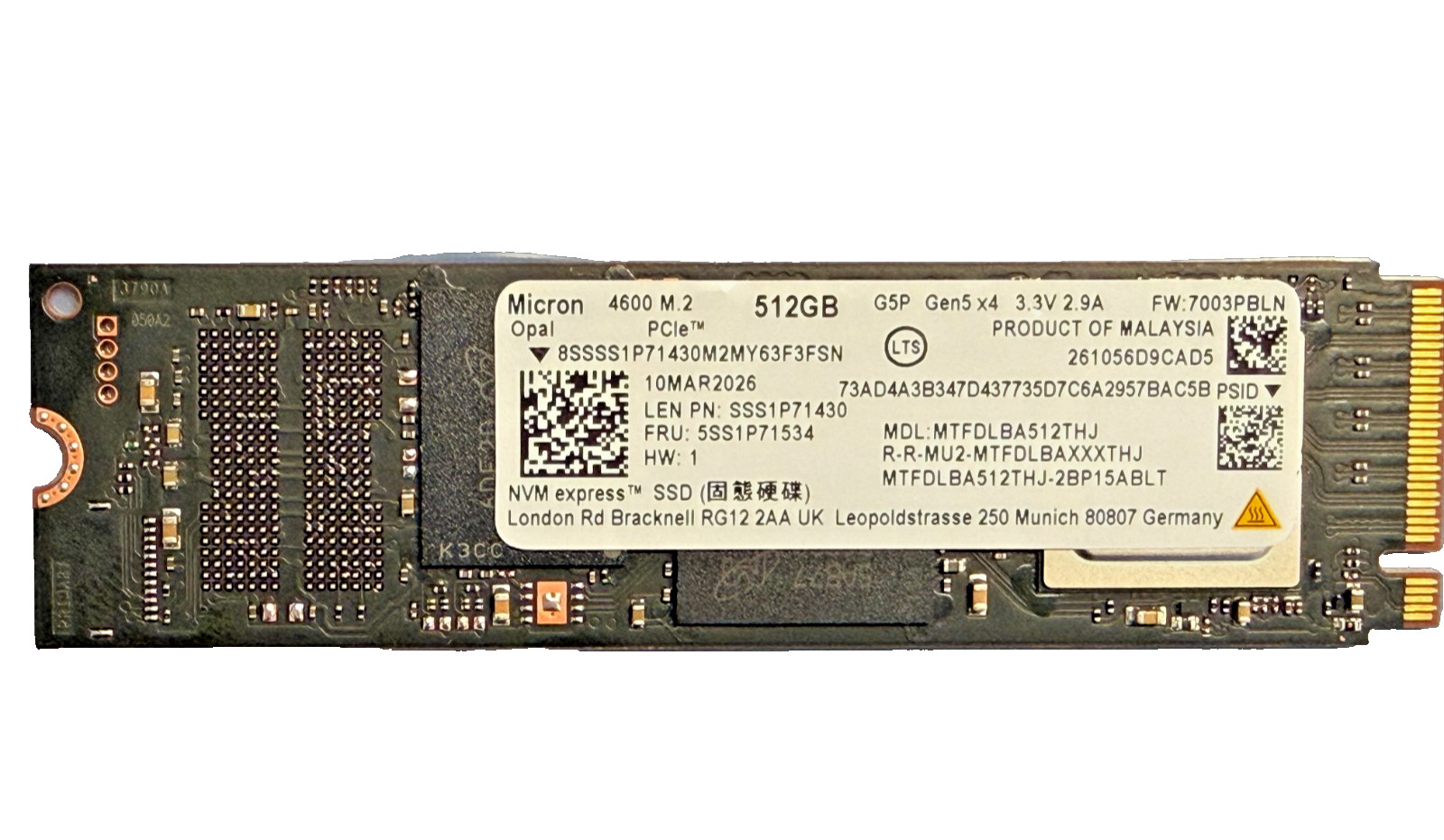 NEW Micron 4600 512GB PCIe Gen5 NVMe SSD, M.2 2280, Opal, Model: MTFDLBA512THJ